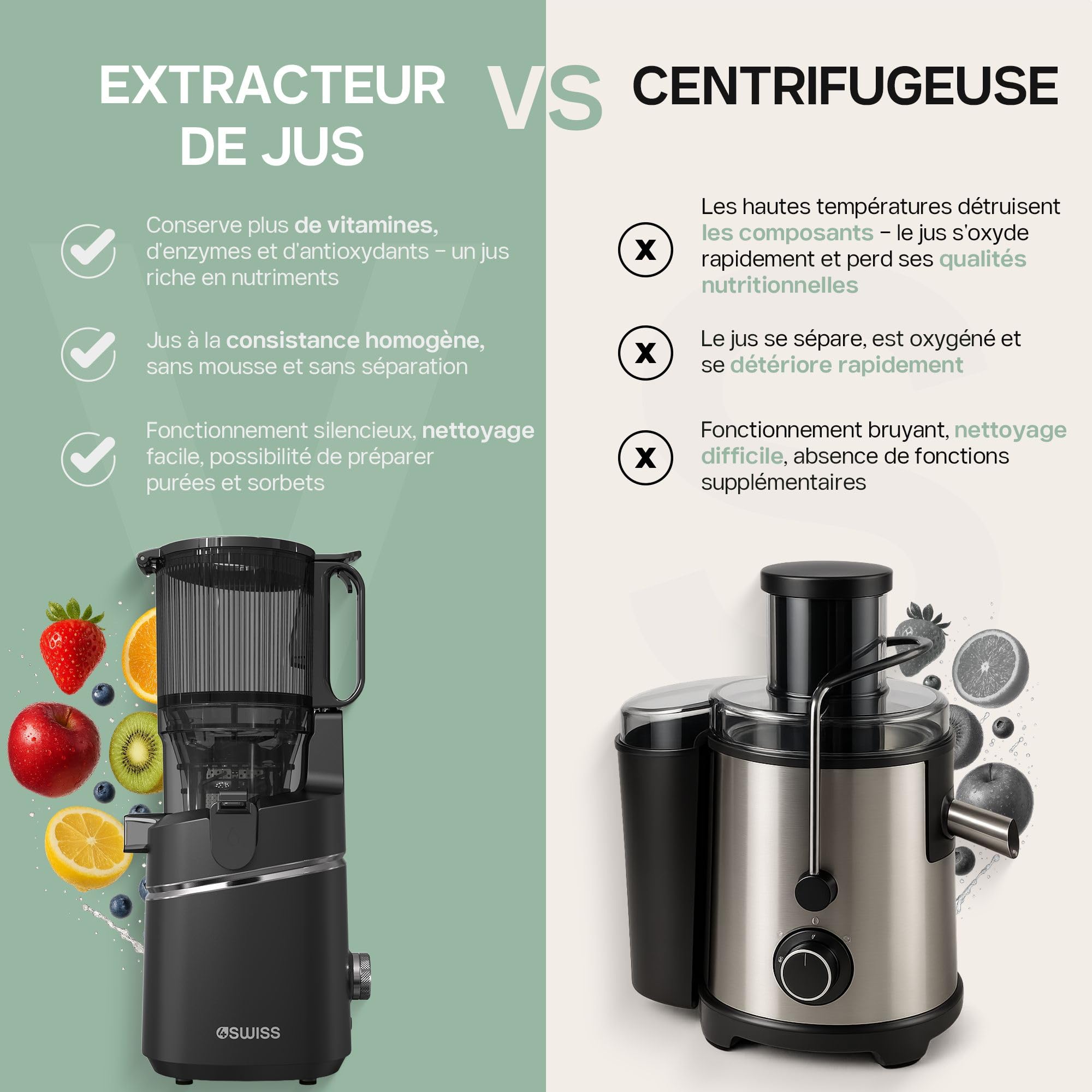 Centrifugeuse Extracteur de Jus 135 mm, Masticating Juicer 0,5L, 37 tr/min, 4SWISS