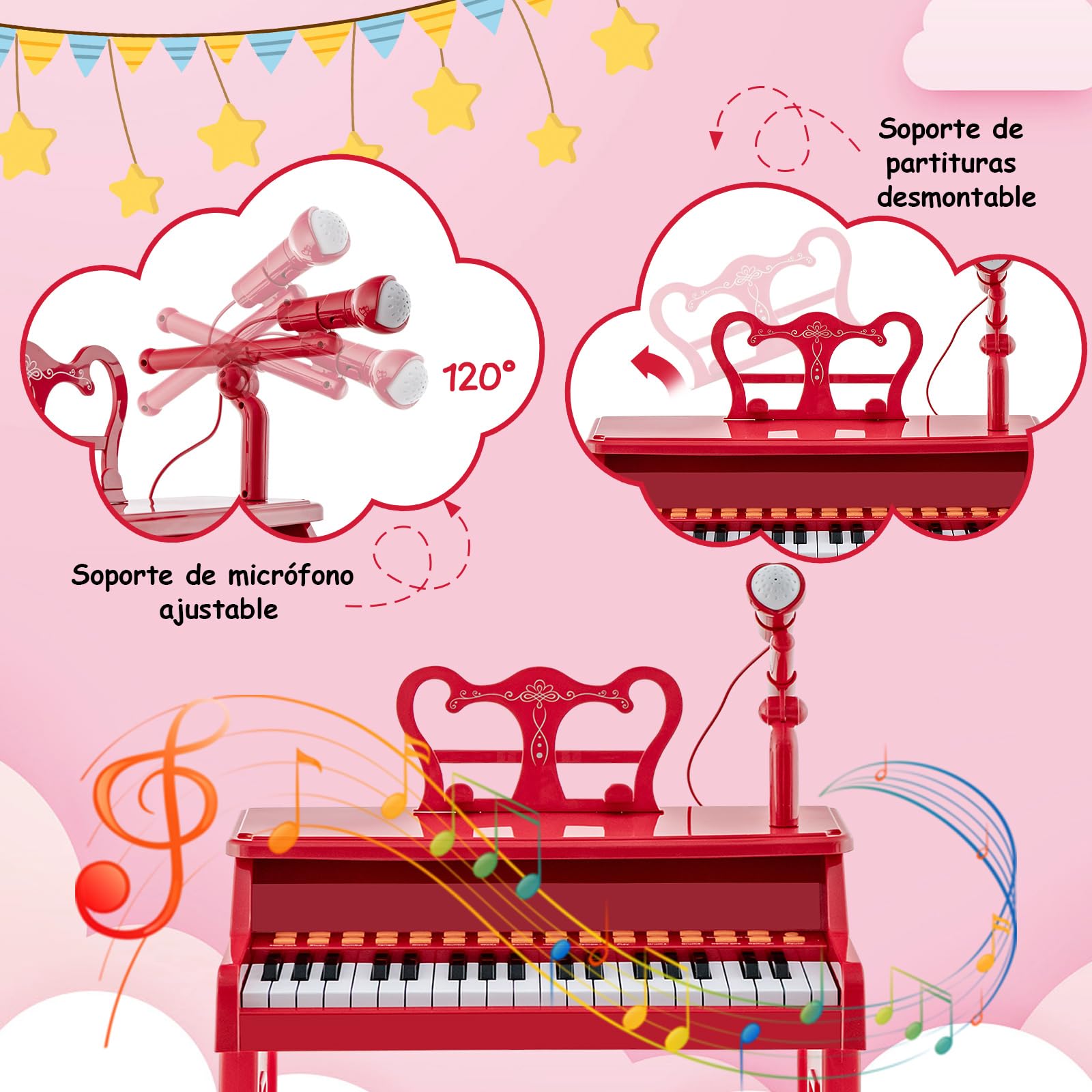RELAX4LIFE Piano Infantil 37 Teclas con Micrófono Ajustable, Atril Extraíble, Taburete, Funciones de Grabación y Reproducción, 22 Canciones, 8 Ritmos, 8 Instrumentos y MP3 para Niños 3+ Años (Rojo)