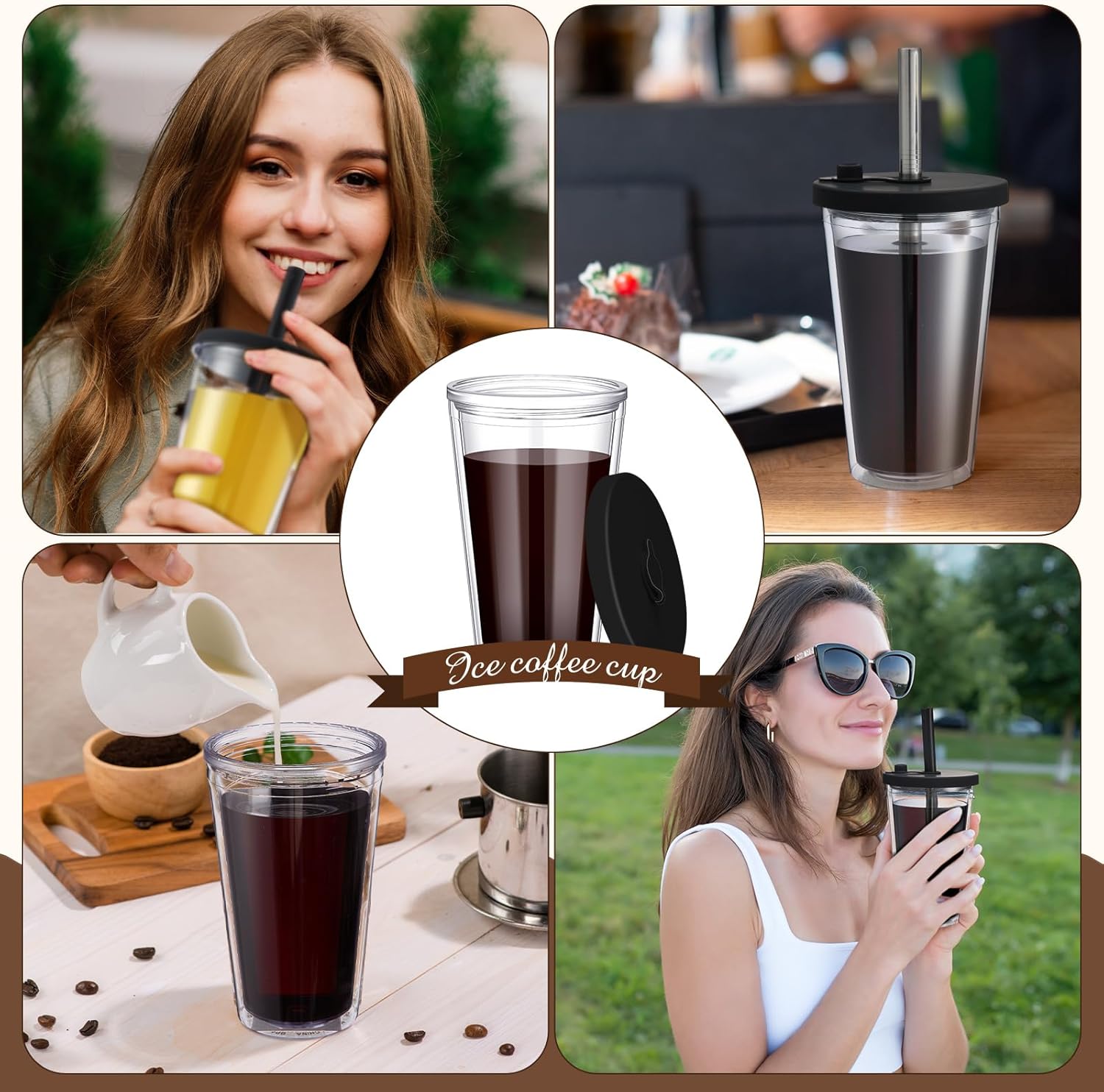 Honeydak 2 Pack 16oz Reusable Iced Coffee Cups with Lids Leakproof and Double Wall Insulated Plastic Iced Coffee Tumbler with 2 Straws and Straw Cleaner(Black) - Image 6