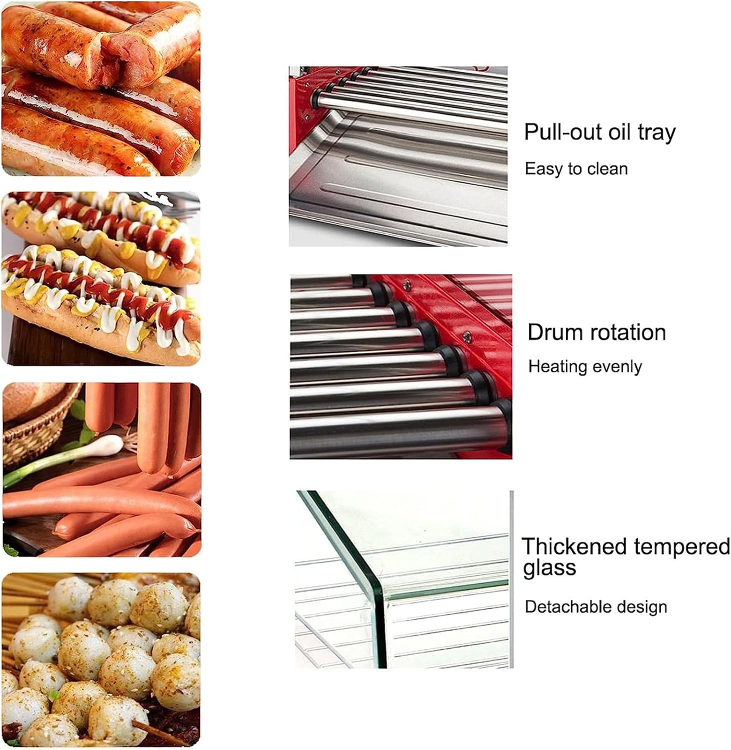 Hot Dog Roller Machine, Sausage Grill Cooker, 7 Non-Stick Rollers 24 Rotisserie with Removable Stainless Steel Drip Tray and Glass Hood Cover, Commercial Household