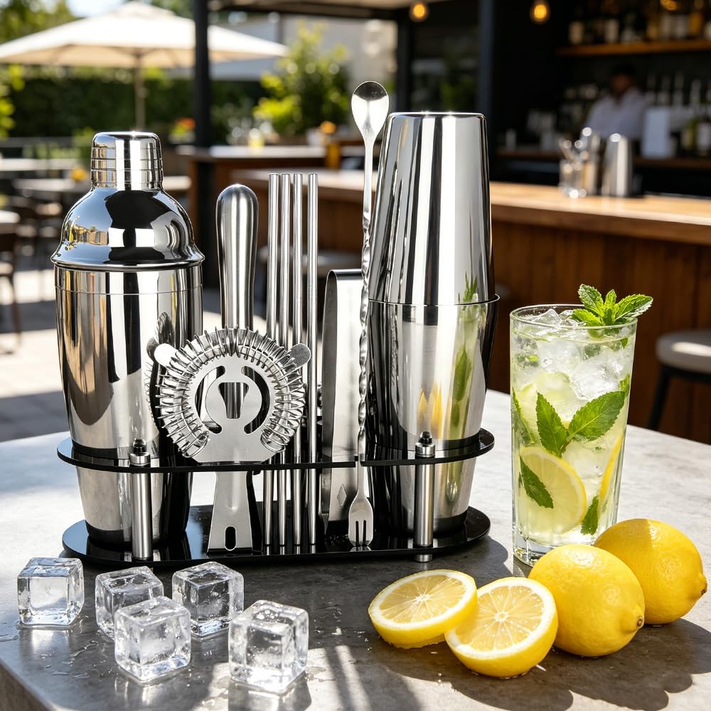 Juego de 17 coctelera de 750 ml y 750/600 ml, herramientas de bar con libro de recetas y soporte negro