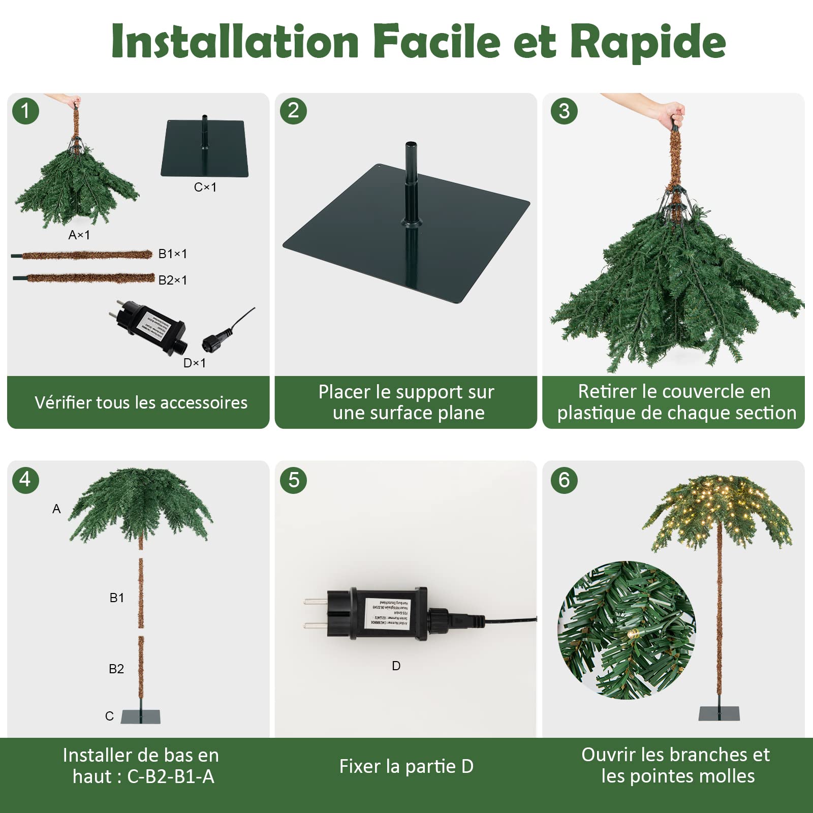 COSTWAY Sapin de Noël Artificiel de 180 cm, Palmier de Noël Pré-Illuminé avec 250 Lumières LED Blanc Chaud, 813 Branches, Structure à Charnière, Support, pour Porche, Maison