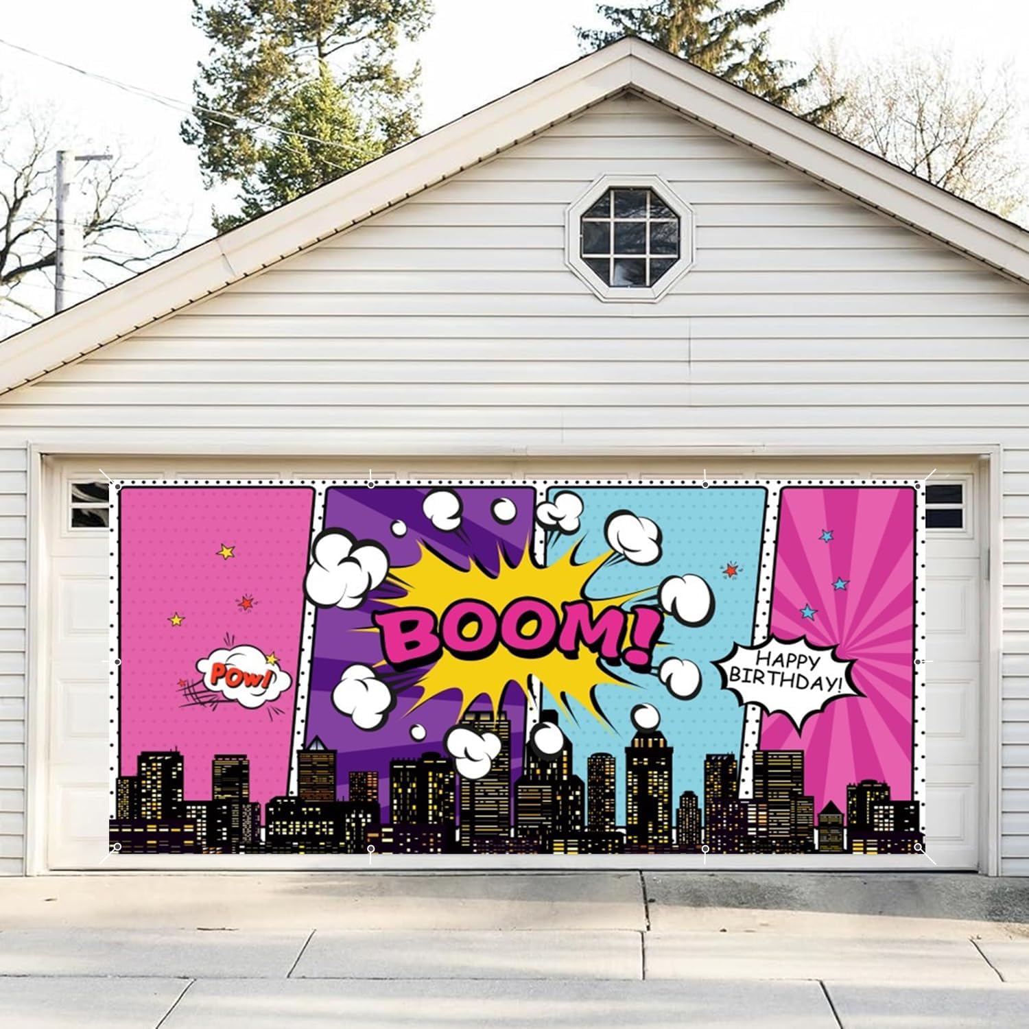 Pink Cartoon Super City Garage Door Banner Decorations 7 x 16 ft Super City Birthday Urban Cityscape Boom City Garage Door Cover Backdrop Birthday Party Baby Shower Banner Garage Door Supplies