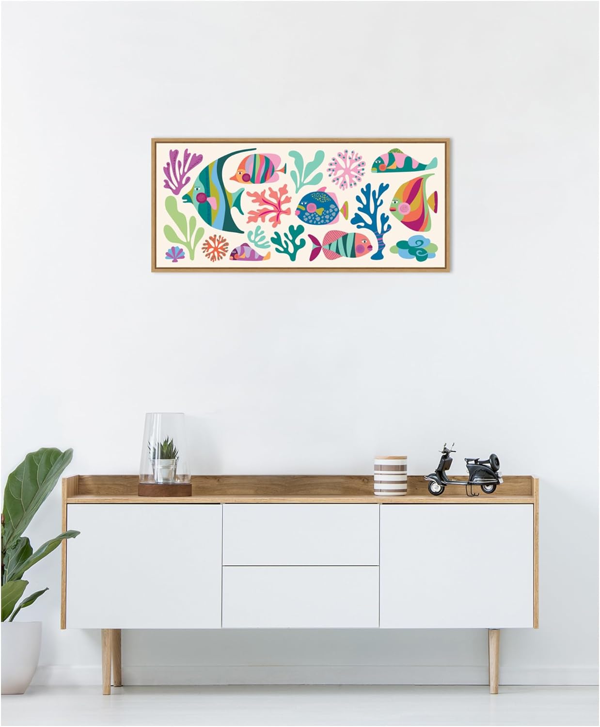 Kate and Laurel Fun Colorful Tropical Fish Framed Canvas Wall Art by Rachel Lee 40 x 18 Sylvie Natural, Whimsical, Abstract, Animals, Beach Art for Wall Decor, Living Room, Bedroom