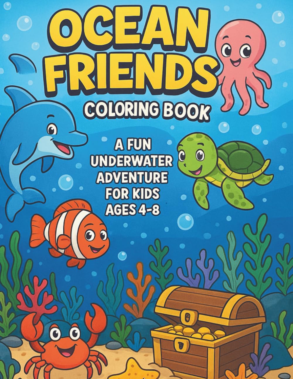 Ocean Friends Coloring Book: 25 Underwater Sea Animals Coloring Pages for kids: Fun Underwater Animals to Color for Kids Ages 4–8