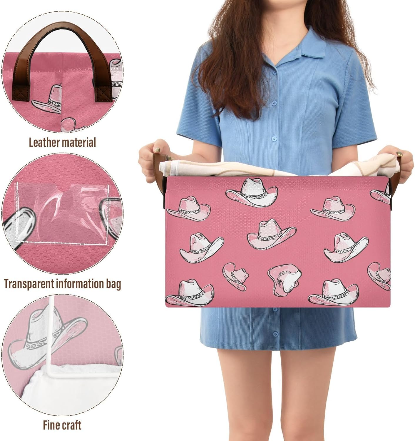 Doodle Pink Western Cowgirl Hat Storage Basket Foldable Cube Storage Bins with Handles&Labels Waterproof Organizer Box Bin Large Rectangle Baskets for Shelves Home Living Room Closet, 2 Pack