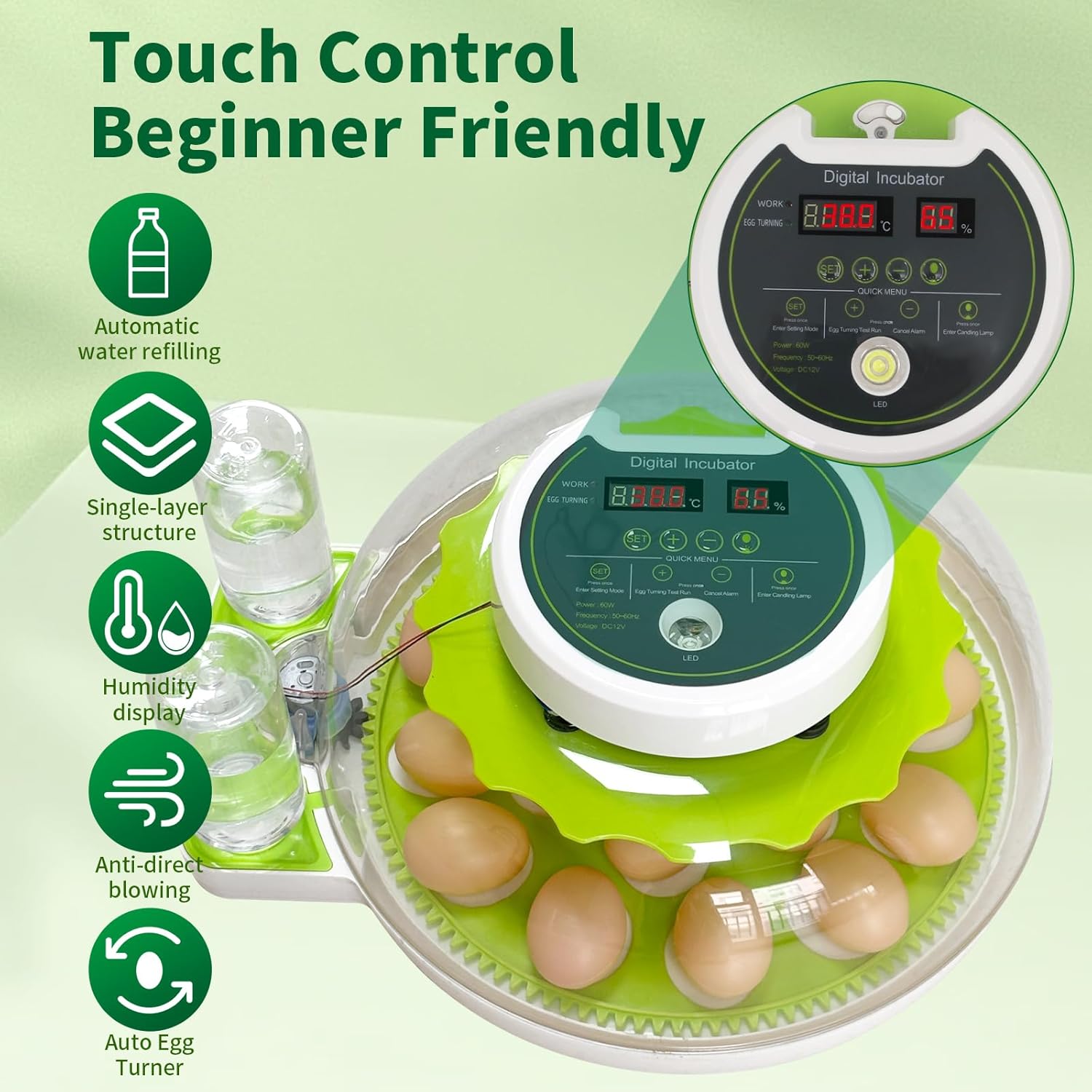 Egg Incubator with Temperature and Humidity Control,Automatic 18 Eggs Poultry Hatcher with Auto Egg Turner,External Water Bottle Refill,LED Display for Chicken Duck Quail Bird Hatching.