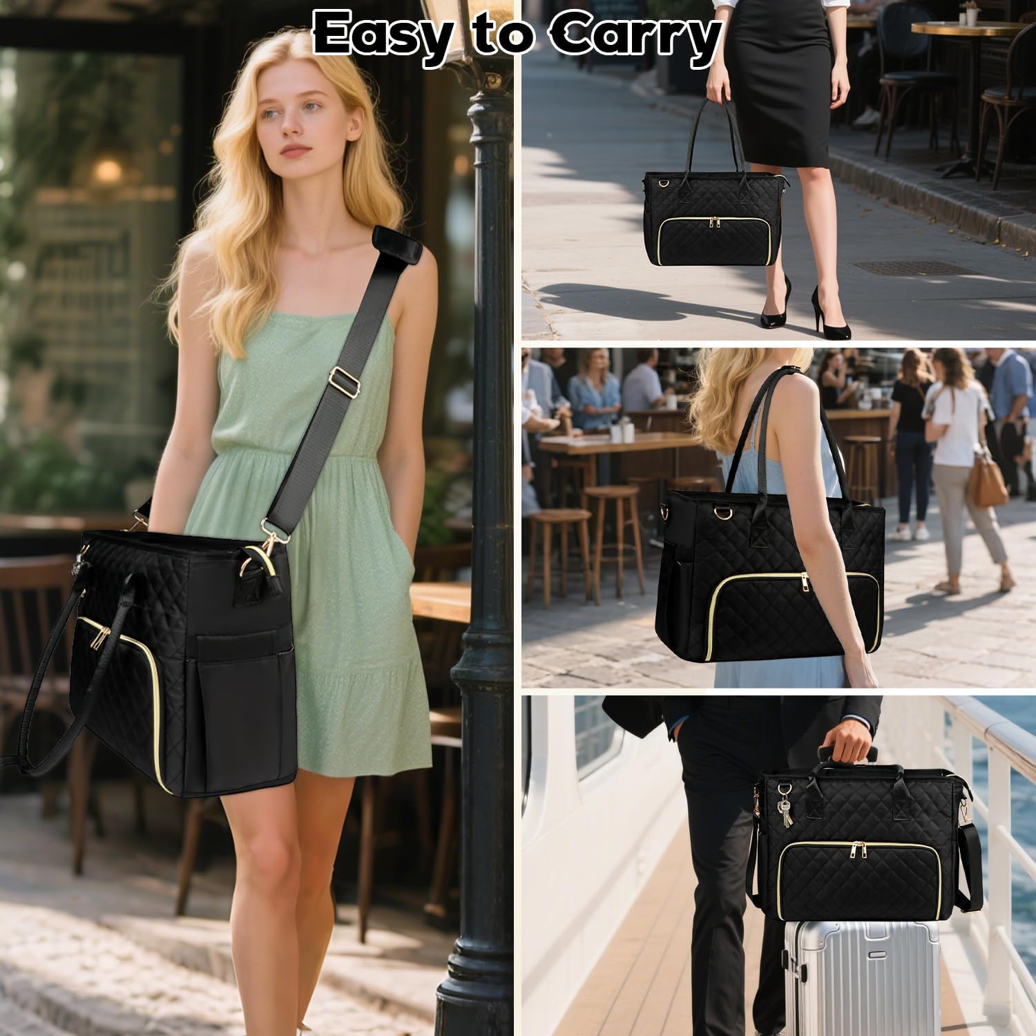 Lunch Tote Bag with 15.6 Inch Laptop Compartment& Water Bottle Pocket, Quilted Nylon Work Tote Bag with Large Insulated Lunch Compartment for Women School Business Teacher Nurse (Black) - Image 2