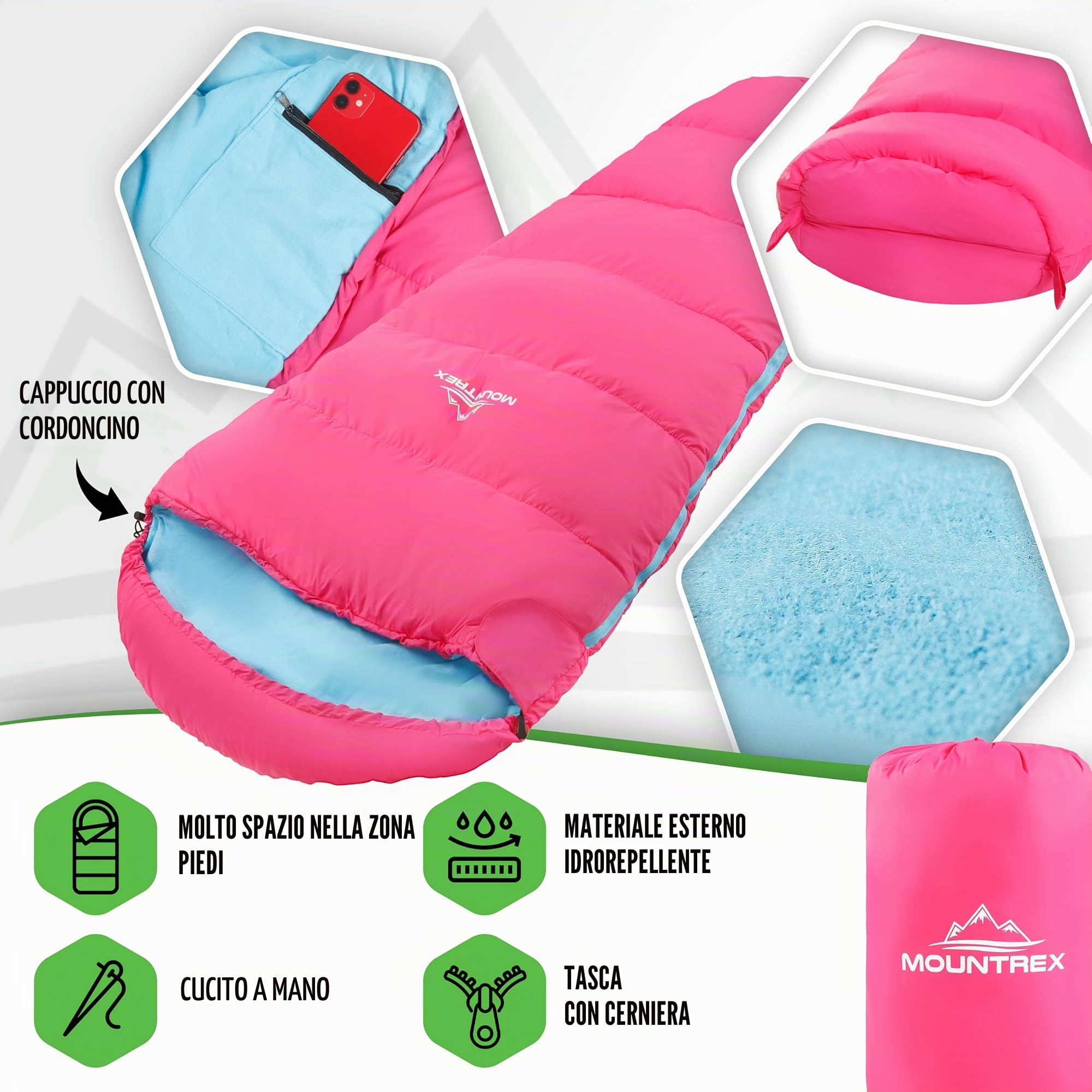 MOUNTREX® Sacco a pelo per bambini, portatile come uno zaino, sacco a pelo per bambini (175 x 70 x 45 cm), per esterni, viaggi, campeggio, sacco a pelo a mummia, leggero e compatto, fodera interna in