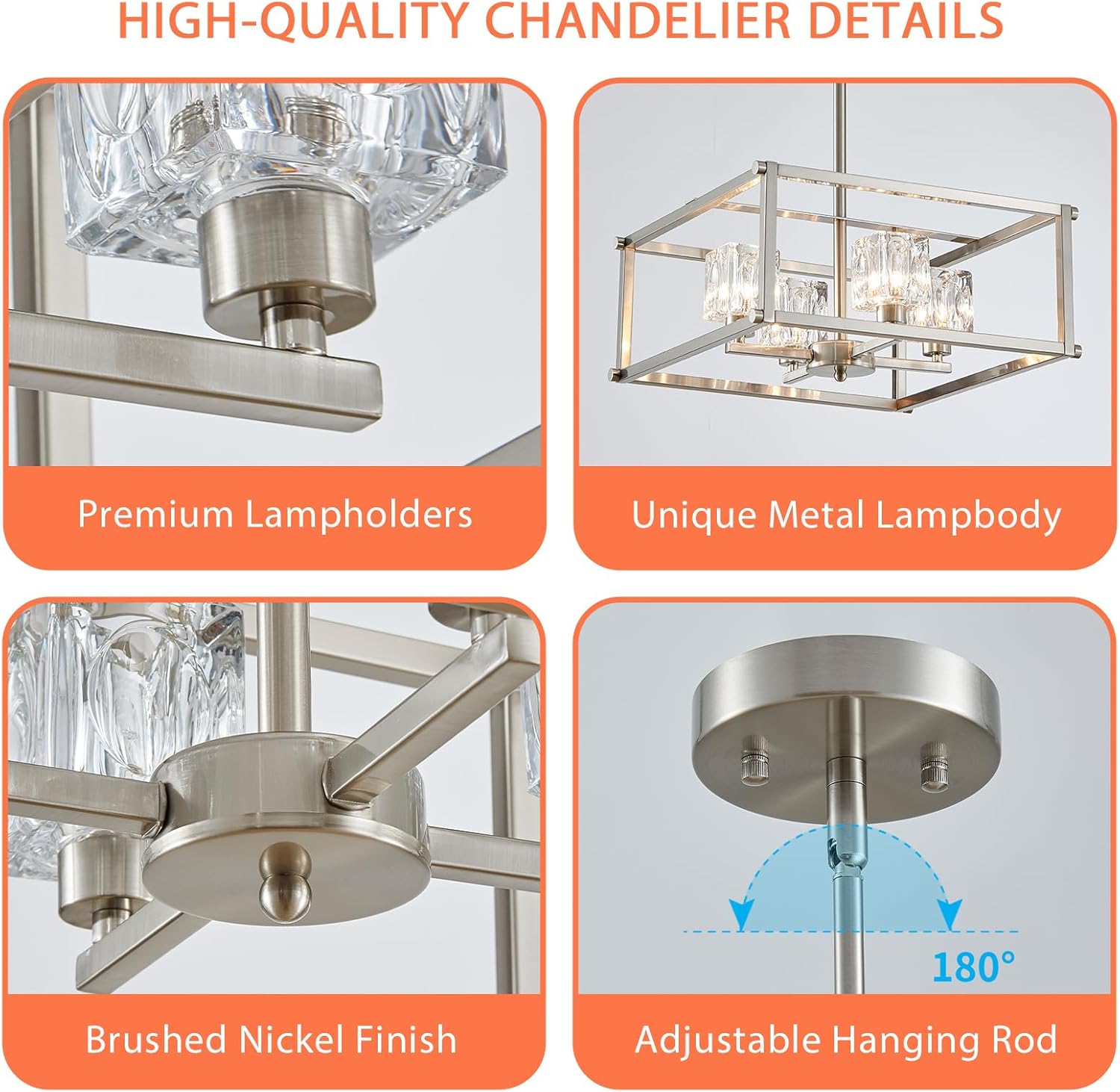 4-Light Farmhouse Chandelier for Dining Room, Modern Brushed Nickel Light Fixture,Pendant Light for Kitchen, Living Room, Hallway, Bedroom, Foyer, Stylish Home Décor