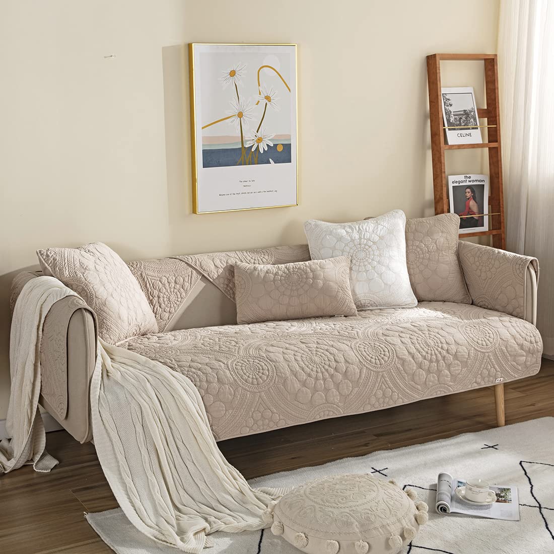 vctops Boho Circle Embroidery Couch Sofa Cover Solid Color Cotton Quilted Non-Slip Sectional Couch Covers Sofa Slipcover for Dogs, Children, Pets Furniture Protector (Khaki,28"x59")