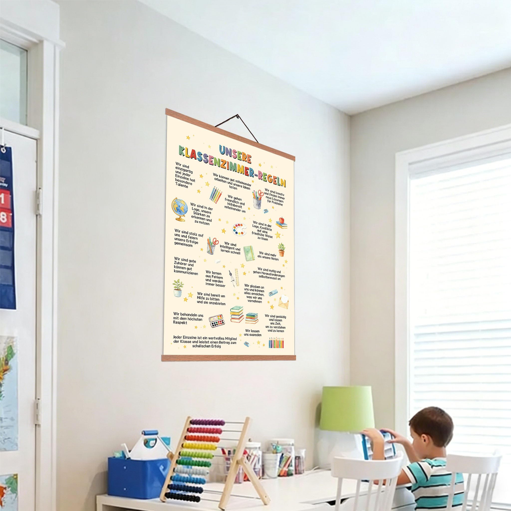 ZDFDC Unsere Klassenzimmer-Regeln Poster A2 Set mit Teakholz Magnetischer Posterleiste, 40x60 cm Leinwandbild für Grundschule, Kindergarten & Kinderzimmer, Motivierende Lernposter Wanddeko