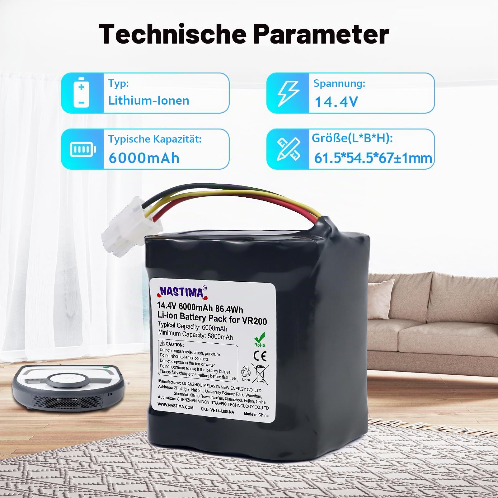 NASTIMA 14,4V 6000mAh Li-Ion Akku Kompatibel mit Vorwerk Kobold VR200, Art.-Nr. 20884-1, Staubsauger-Akku mit BMS