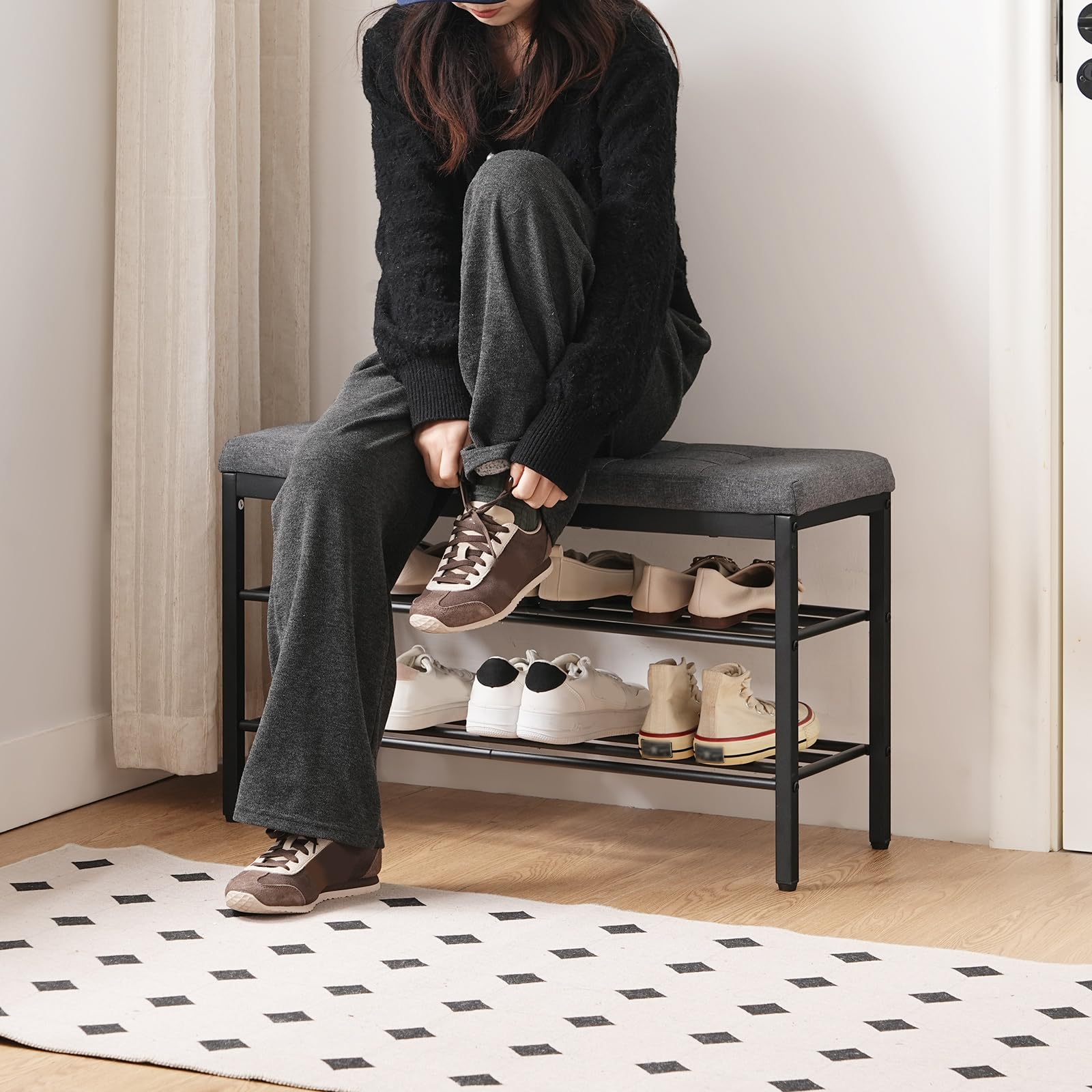 HOOBRO Banco Zapatero, Banco Almacenaje para Zapatos, Mueble de Entrada con Cojín Acolchado, Extremo de Cama, Ahorra Espacio, para Salón, Balcón, Dormitorio, Oficina, Gris y Negro EBGZ95HX01