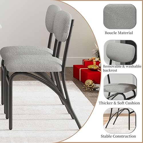Miniatura 6 de Juego de 4 sillas de cocina de tela Boucle con patas de metal negro, modernas sillas de comedor de granja con respaldo ergonómico, cómodas Sillas de