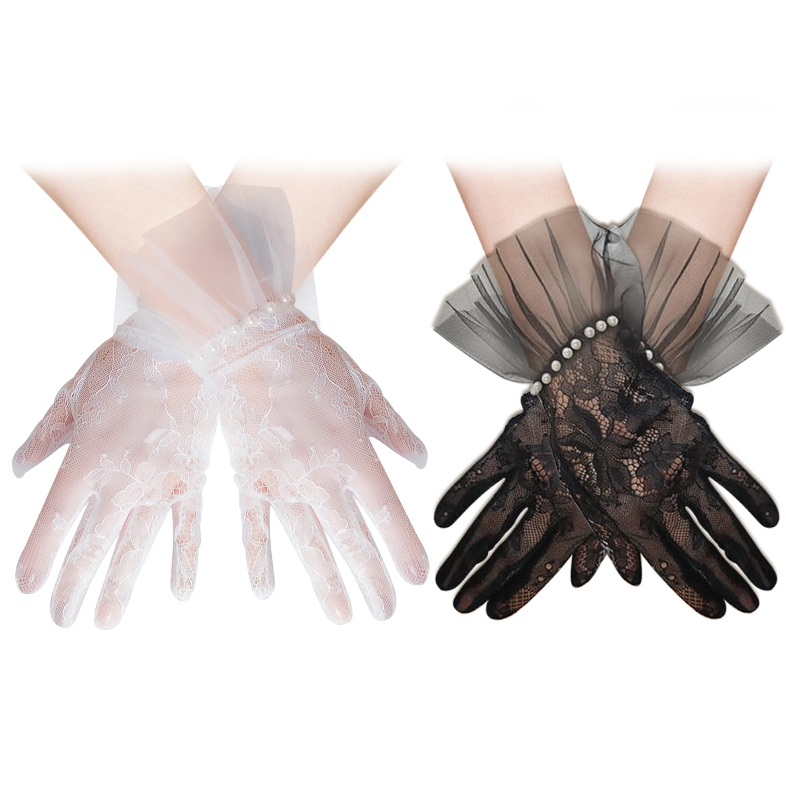 Aexhotshort White Lace Gloves Tulle Border With Pearls Wedding