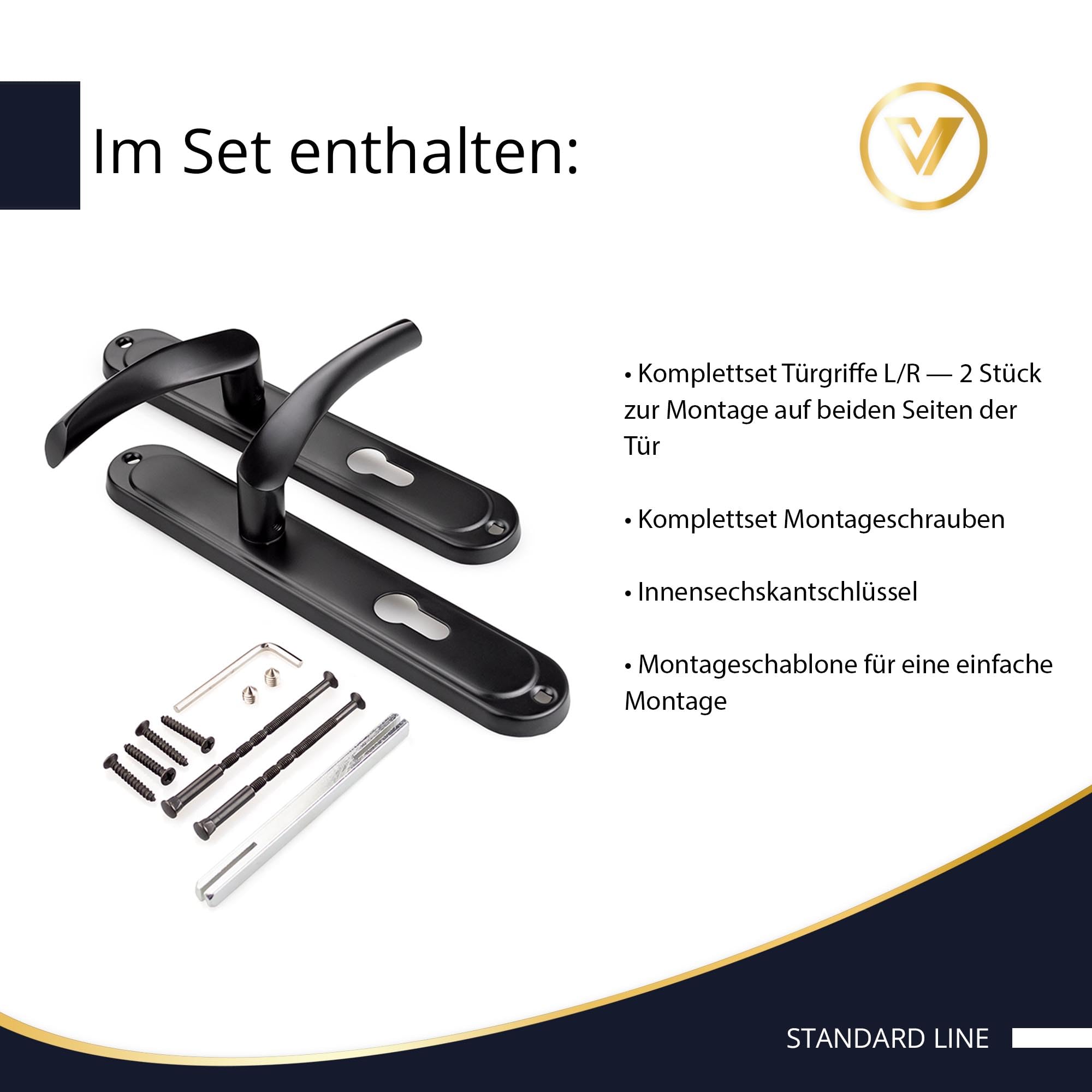 Türklinke Türgriff Drückergarnitur für Außen Haustüren Haustürgriff Nebeneingangstüren Türbeschlag Türdrücker Abstand 72mm Set DIN Links Rechts PZ Langschild Tür 40-62mm Schwarz - K-517-72 P2