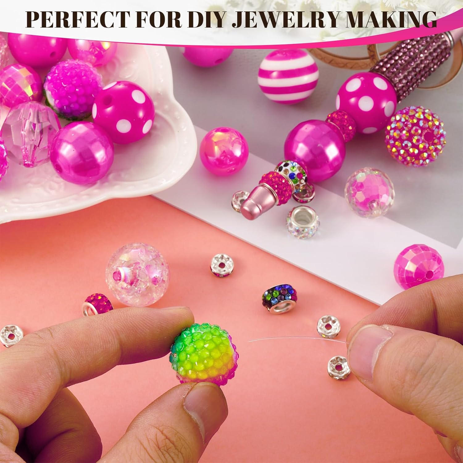 28 Pcs Chunky Bubblegum Beads and 84 Pcs Large Hole Spacer Bead, 16/17/20mm Focal Bead for Beadable Pens, Large Beads for Jewelry Making Keychain - Image 4
