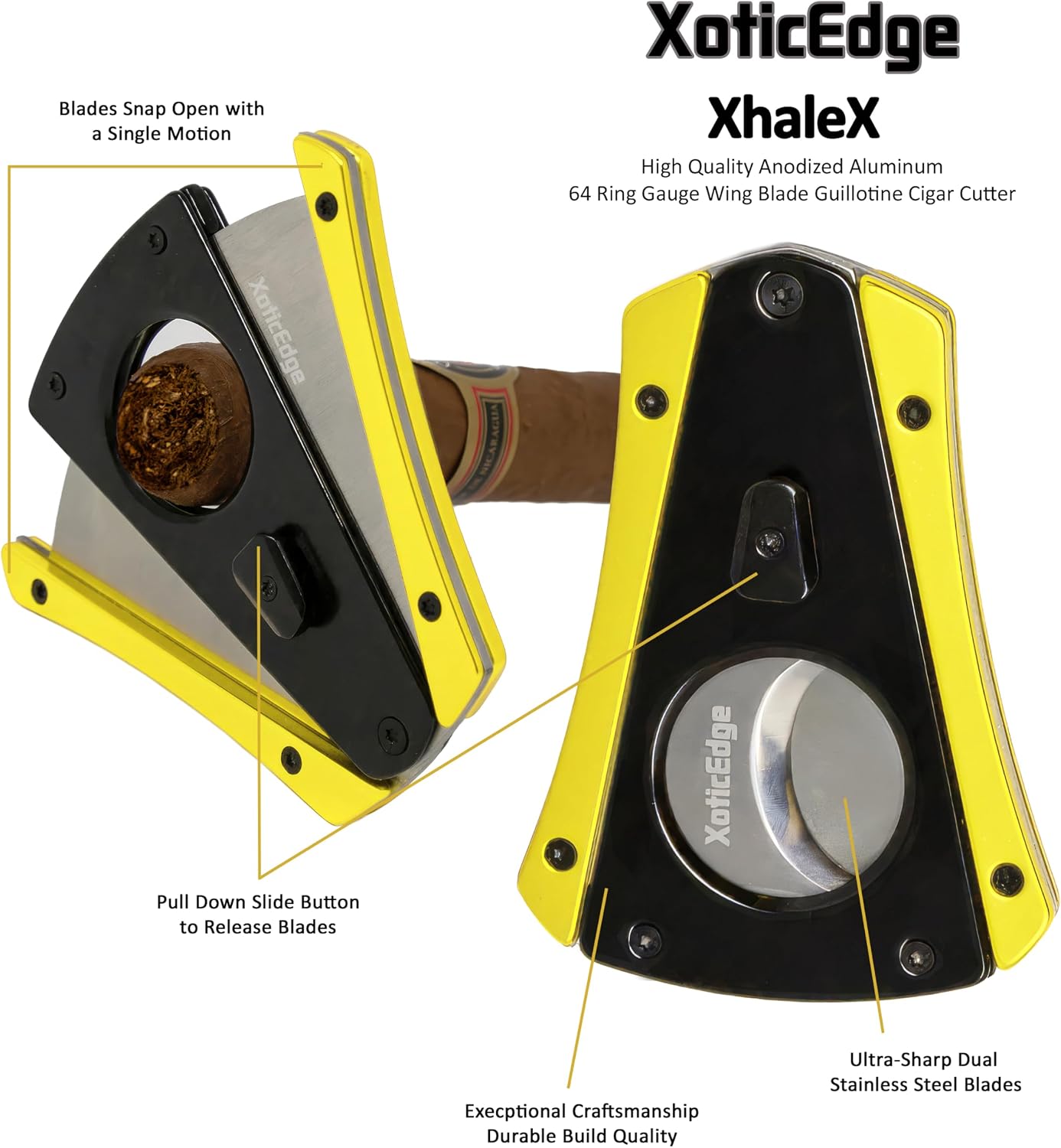 Prestige Import Group XoticEdge XhaleX Anodized Aluminum Body Dual Wing Stainless Steel Blade Cigar Cutter - Up to 64 Ring Gauge - Vibrant Yellow & Black