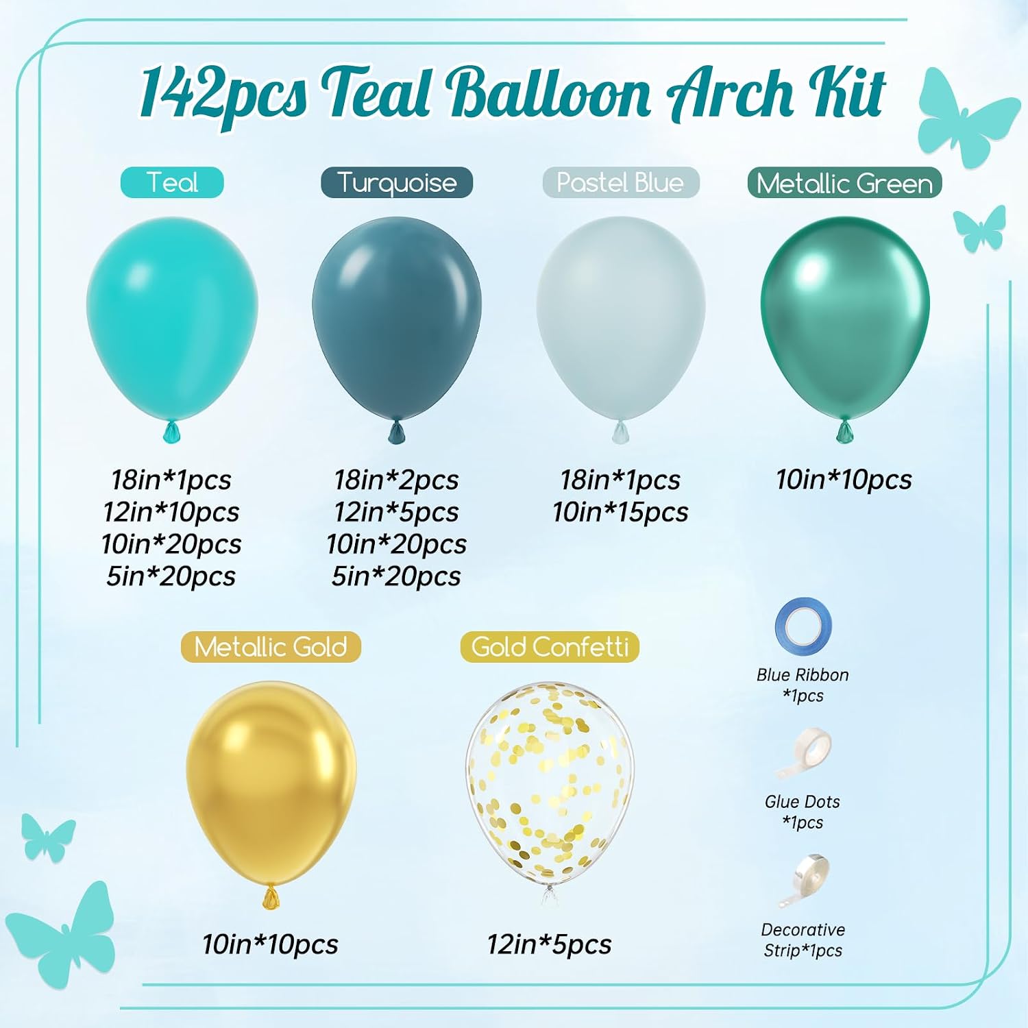 142pcs Teal Turquoise Balloon Arch Garland Kit with Teal Turquoise Pastel Blue Metallic Green Gold Confetti Balloons for Anniversary Bridal Shower Baby Shower Birthday Party Decorations