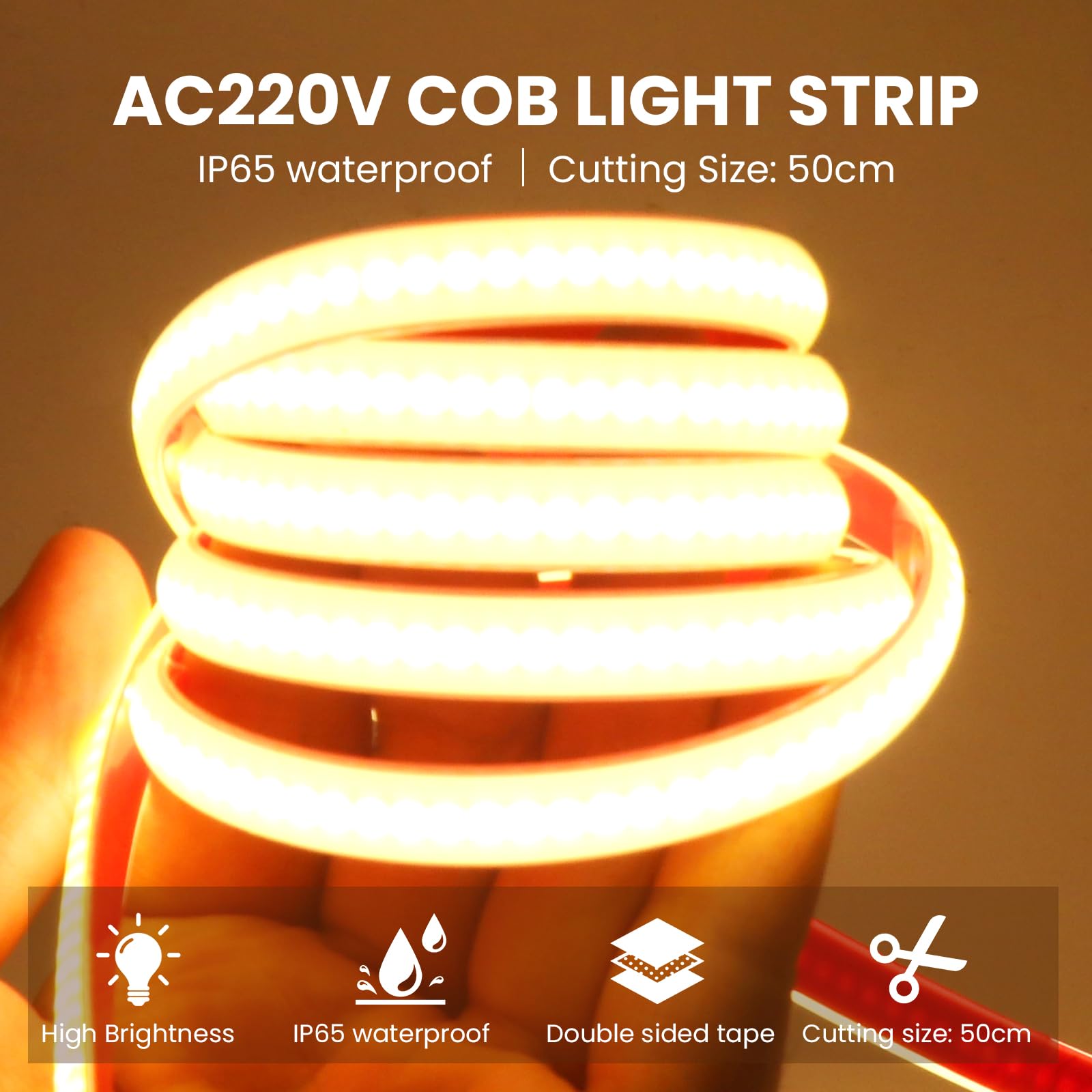 KISUFU 220 V COB Striscia LED, IP65 impermeabile flessibile LED striscia luminosa, 288 LEDs/m colla double face light strip per Natale, festa, camera, cucina, decorazione, bianco, 10 m