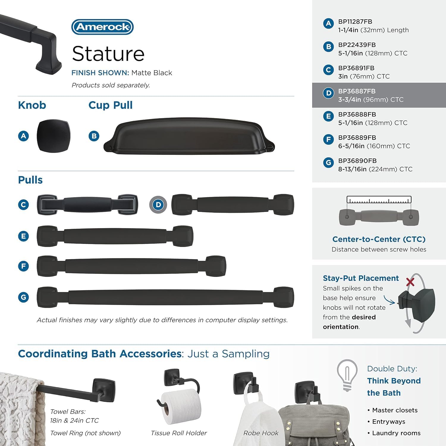 Amerock | Cabinet Pull | Matte Black | 3-3/4 inch (96 mm) Center-to-Center | Stature | 1 Pack | Drawer Pull | Cabinet Handle | Cabinet Hardware