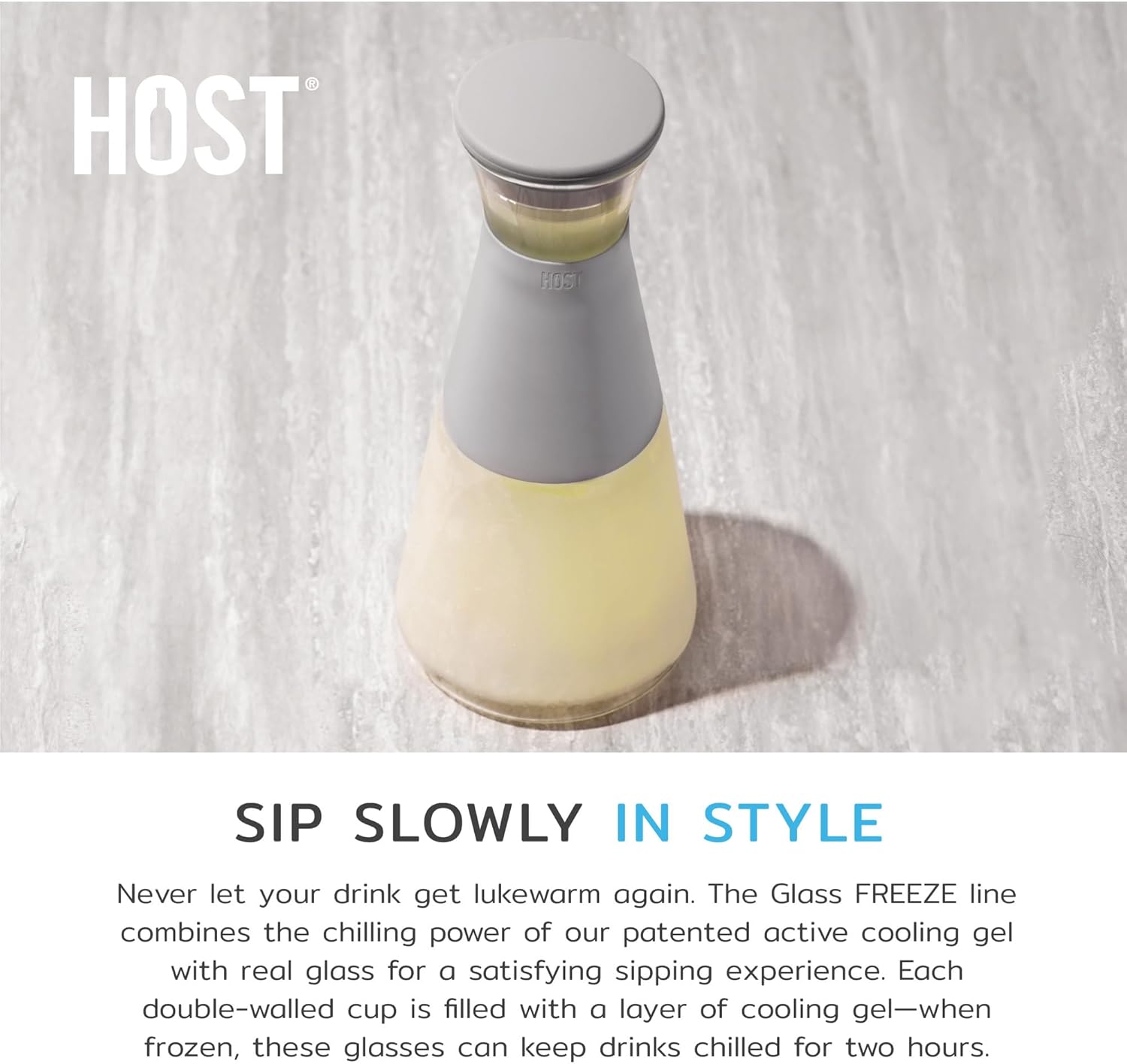 HOST Glass FREEZE Carafe Drink Containers for Fridge, Glass Juice Bottles with Lids, Glass Water Pitcher with Cooling Gel 27oz Gray Set of 1