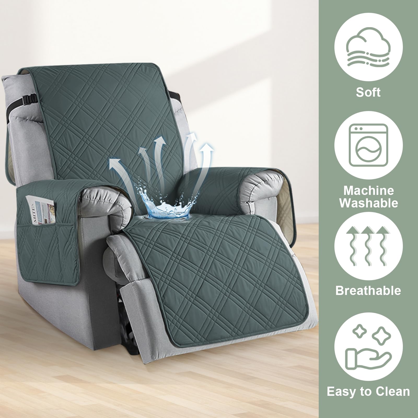 MeYuxg Coprisedia per poltrona relax, coprisedia elasticizzato con braccioli, coprisedia con tasche di stoccaggio, protezione per schienale, morbido e traspirante (grigio scuro)