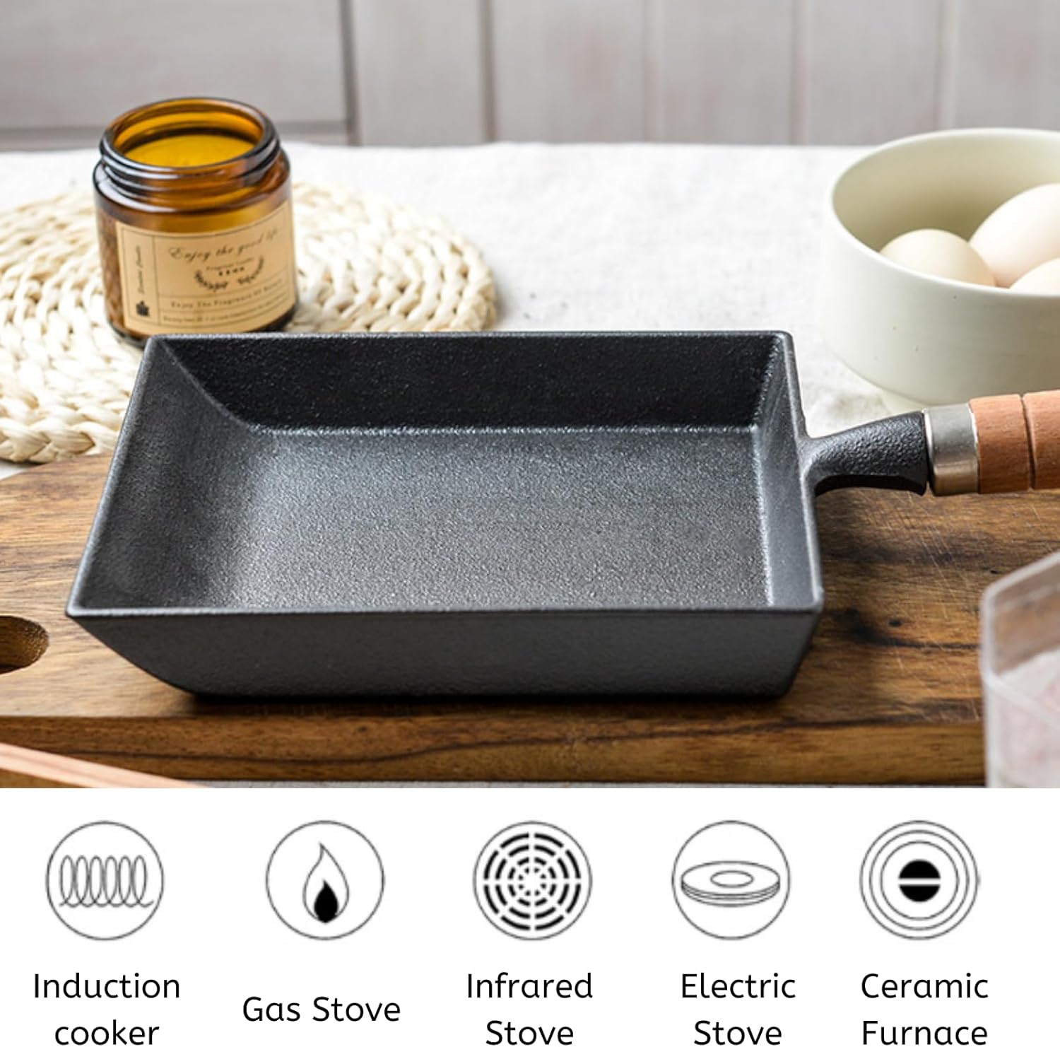 Cast Iron Tamagoyaki Pan Set - Japanese Omelette Pan with Wooden Lid, Silicone Spatula & Oil Brush - 13.78x5.9 Inch Egg Pan for Gas/Induction/All Stovetops - Image 3