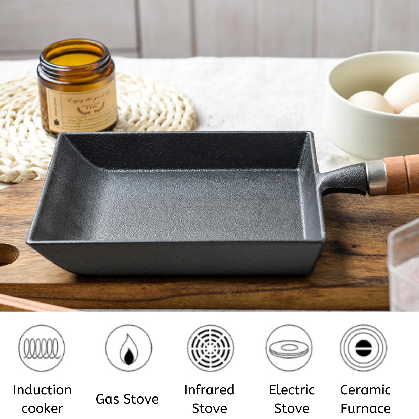 Tamagoyaki-Pfannen-Set aus Gusseisen, japanische Omelettpfanne mit Holzdeckel, Silikon-Spatel und Ölbürste, 35 x 15 cm, Eierpfanne für Gas/Induktion/alle Herdarten