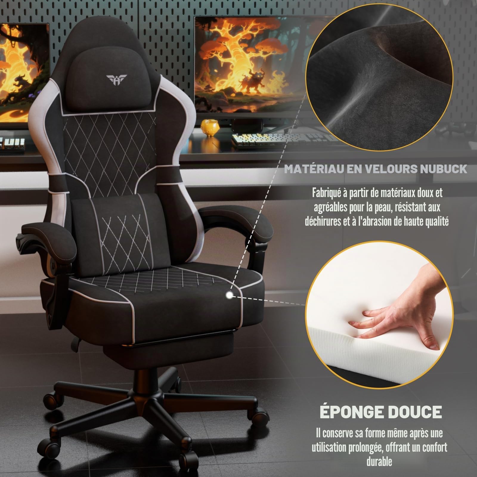 Soontrans Chaise Gaming Ergonomique avec Coussin Lombaire Massage, Chaise Gamer，Fauteuil Gaming avec Repose Pieds télescopique&Appui tête&Dossier Inclinable à 160°, Tissu Velours, 136 kg（Noir&Gris）