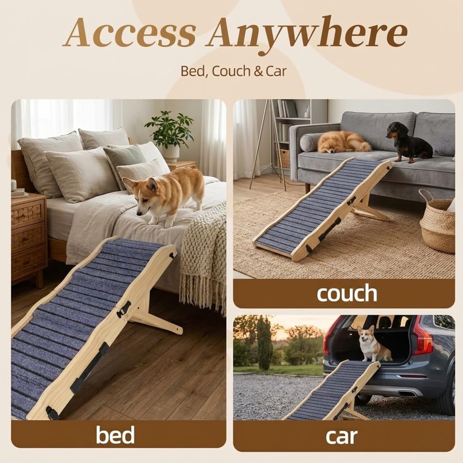 2026 Upgraded Dog Ramp for Couch & Low Bed, 33" L Folding Wood Pet Ramp 200LB Capacity, 4-Level Adjustable Height 11"-20", Non-Slip Sturdy Puppy Ramp for Small & Senior Dogs, Joint Relief, Wavy Design