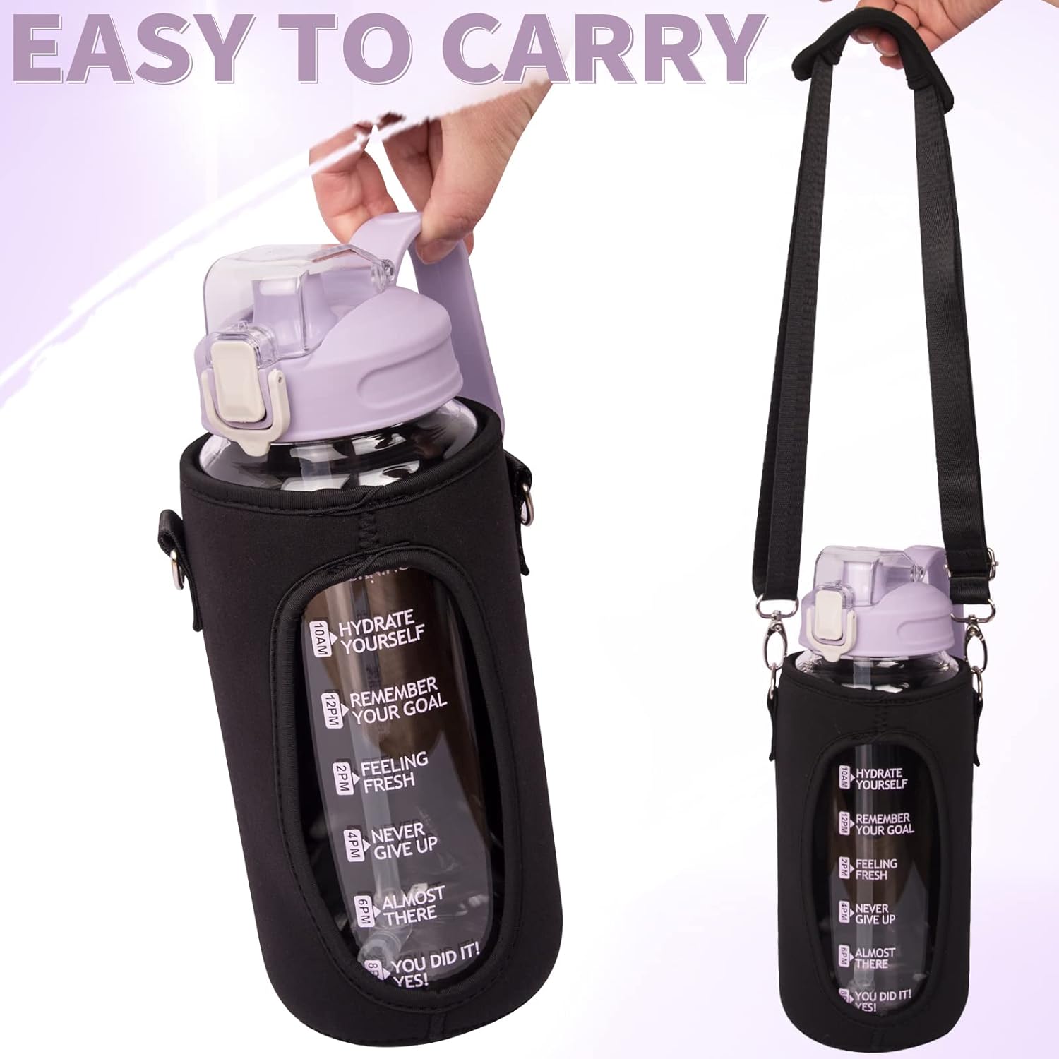 64 oz Motivational Glass Water Bottle with Straw & Time Marker Half Gallon Large Reusable Water Jug BPA-free Borosilicate Drinking Bottle with Flip Top & Sleeve for Infused Water Wide Mouth