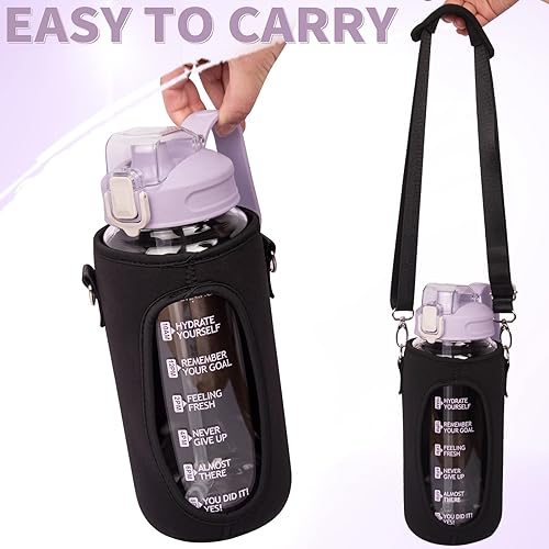 Miniatura 7 de Botella de agua de vidrio motivacional de 64 onzas con popote y marcador de tiempo, jarra de agua grande reutilizable de medio galón, botella