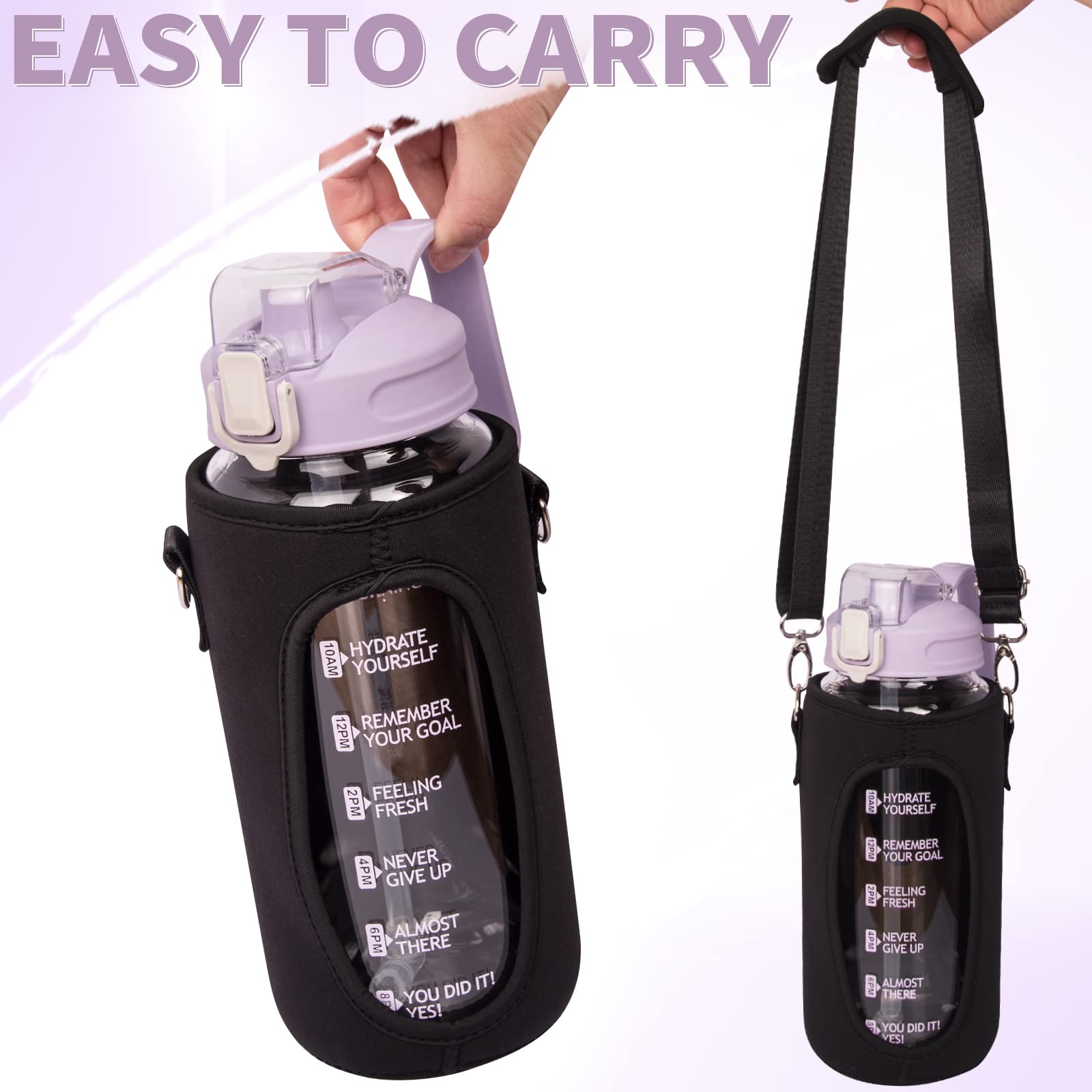 DEARRAY 64 oz Motivational Glass Water Bottle with Straw & Time Marker Half Gallon Large Reusable Water Jug BPA-free Borosilicate Drinking Bottle with Flip Top & Sleeve for Infused Water Wide Mouth