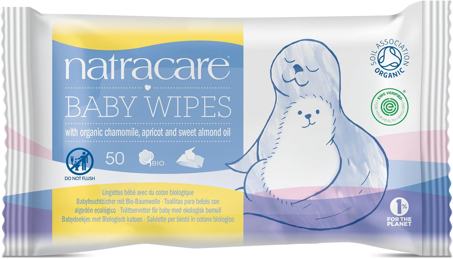 Natracare Organic Cotton Baby Wipes With Essential Oils of Chamomile, Apricot and Sweet Almond Oil (1 Pack, 50 Wipes Total)