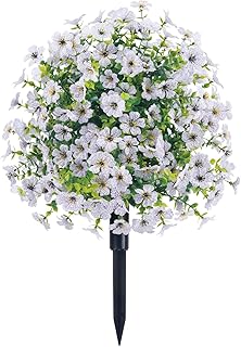 24 Inch Artificial Flower Garden Stake with Realistic Blossoms - Durable Plastic Ground Spike for Outdoor Decoration, Weatherproof & Fade-Resistant Design, Low Maintenance Garden Decor (White)