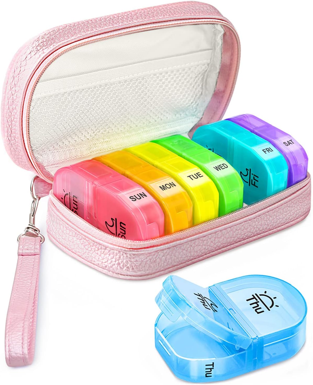 Cute Pill Organizer 2 Times a Day, AMOOS PU Leather Pill Case for Women, Portable Weekly Pill Box for Purse with Storage Bag to Hold Vitamins/Medications/Fish Oils/Supplements, Light Pink
