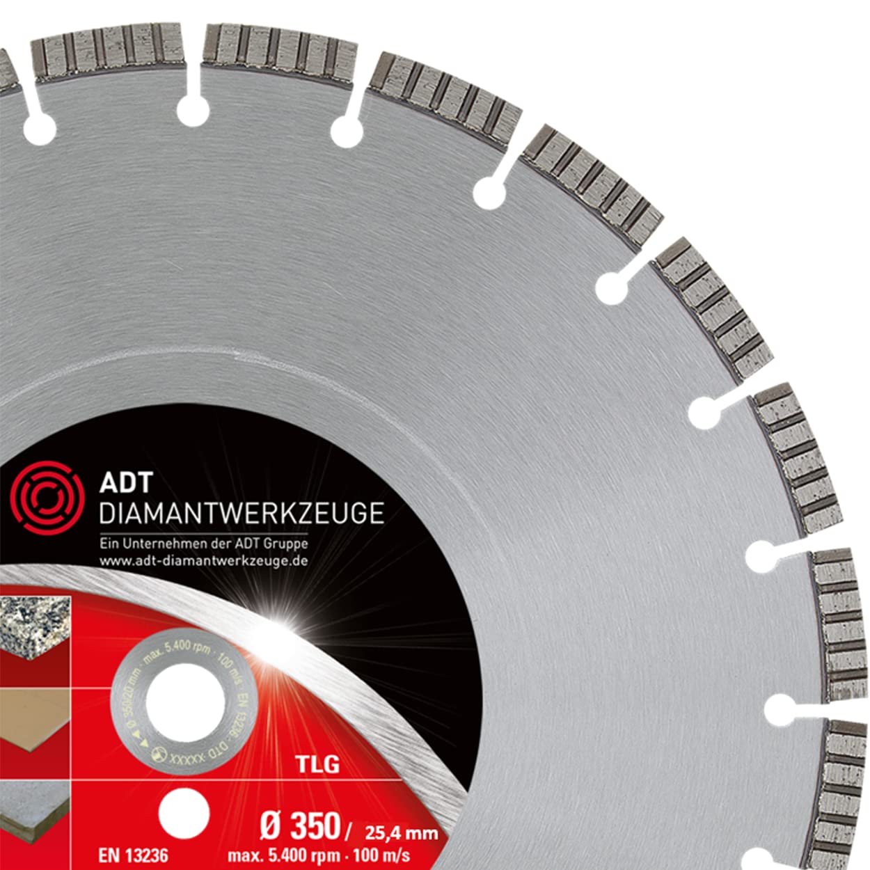 ADT - Disco de corte de diamante TLG Premium, Hoja de Sierra para hormigón armado, piedra y granito (diámetro 350/25,4 mm)
