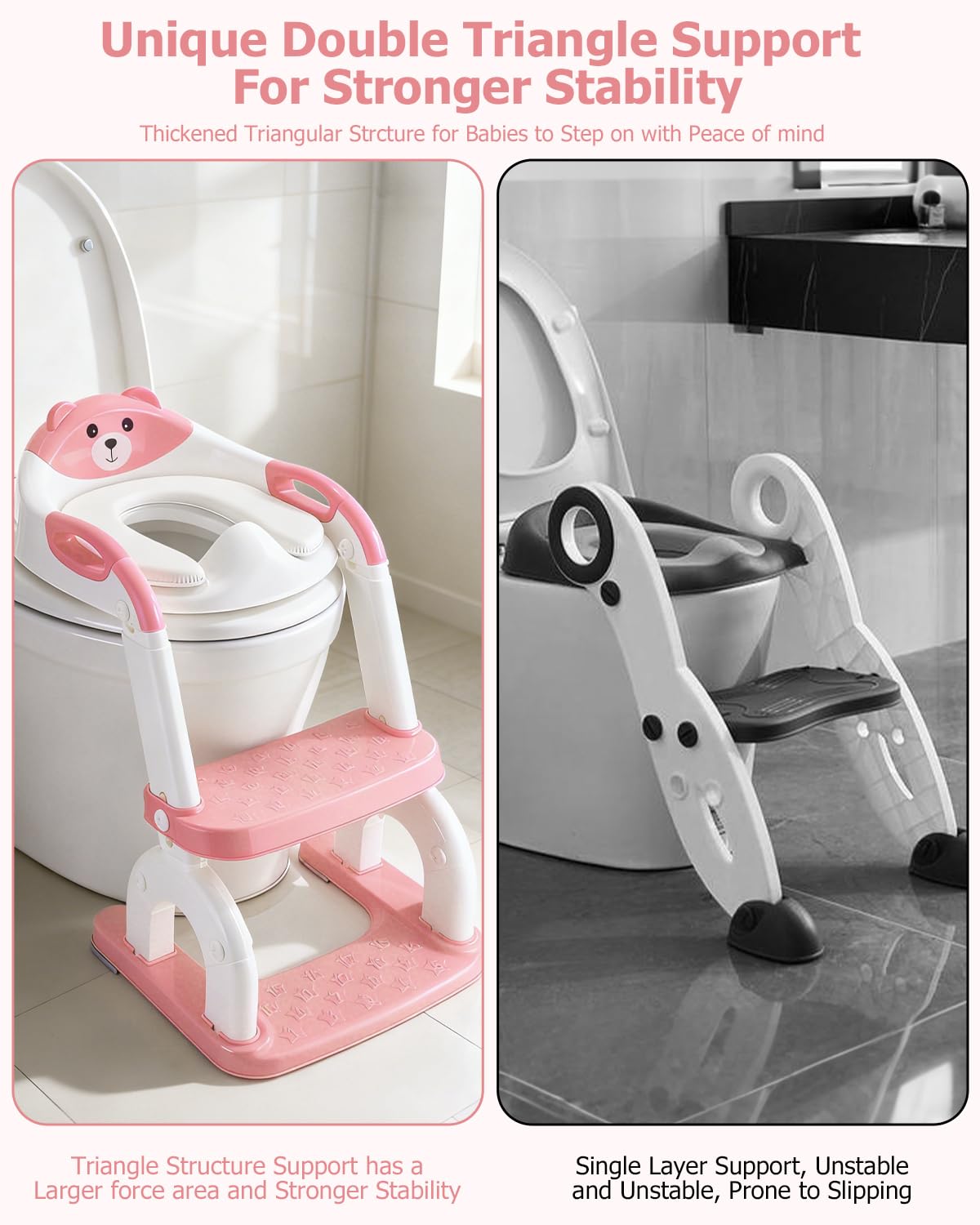 Sedile WC per bambini, pieghevole, regolabile in altezza, rosa, 1-6 anni | Sedile WC per bambini 2 in 1, regolabile in altezza, pieghevole, con sedile imbottito, pedana stabile e antiscivolo