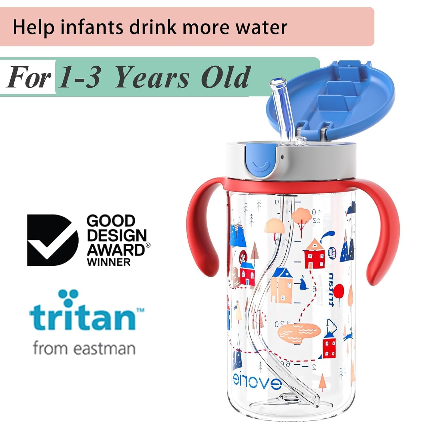 Evorie Tritan Spill Proof Toddler Straw Sippy Cup, 10 oz for Baby and Toddlers 1-3 Years Old, No Spill Straw Water Bottle with Removable Handles, Ideal for School, BPA-Free, Happy Valley