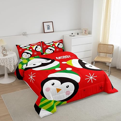Miniatura 2 de Juego de edredón de Feliz Navidad para niños, tamaño King, juego de ropa de cama de pingüinos de dibujos animados, animales árticos, decoración de