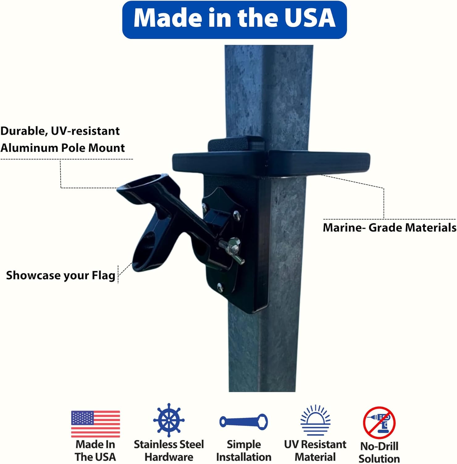 – Heavy Duty Boat Dock Flag Holder – UV & Rust-Resistant, Marine-Grade, Easy No-Drill Installation, Made in the USA– Fits a 3" Square Post