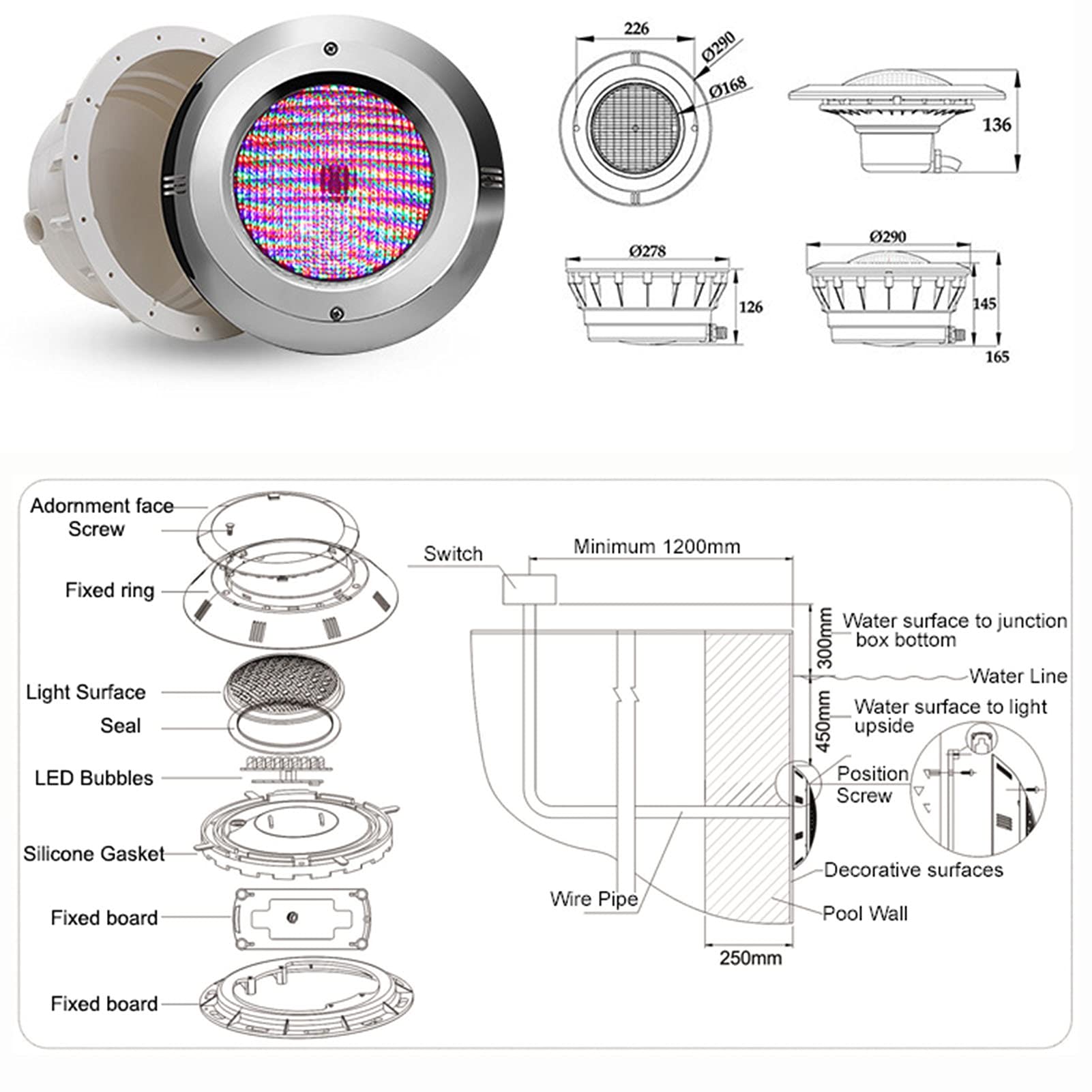 Par 56 RGBW Luce for Piscina con Controllo, AC 12V IP68 Materiale in Acciaio Inossidabile Luce Subacquea (25w)