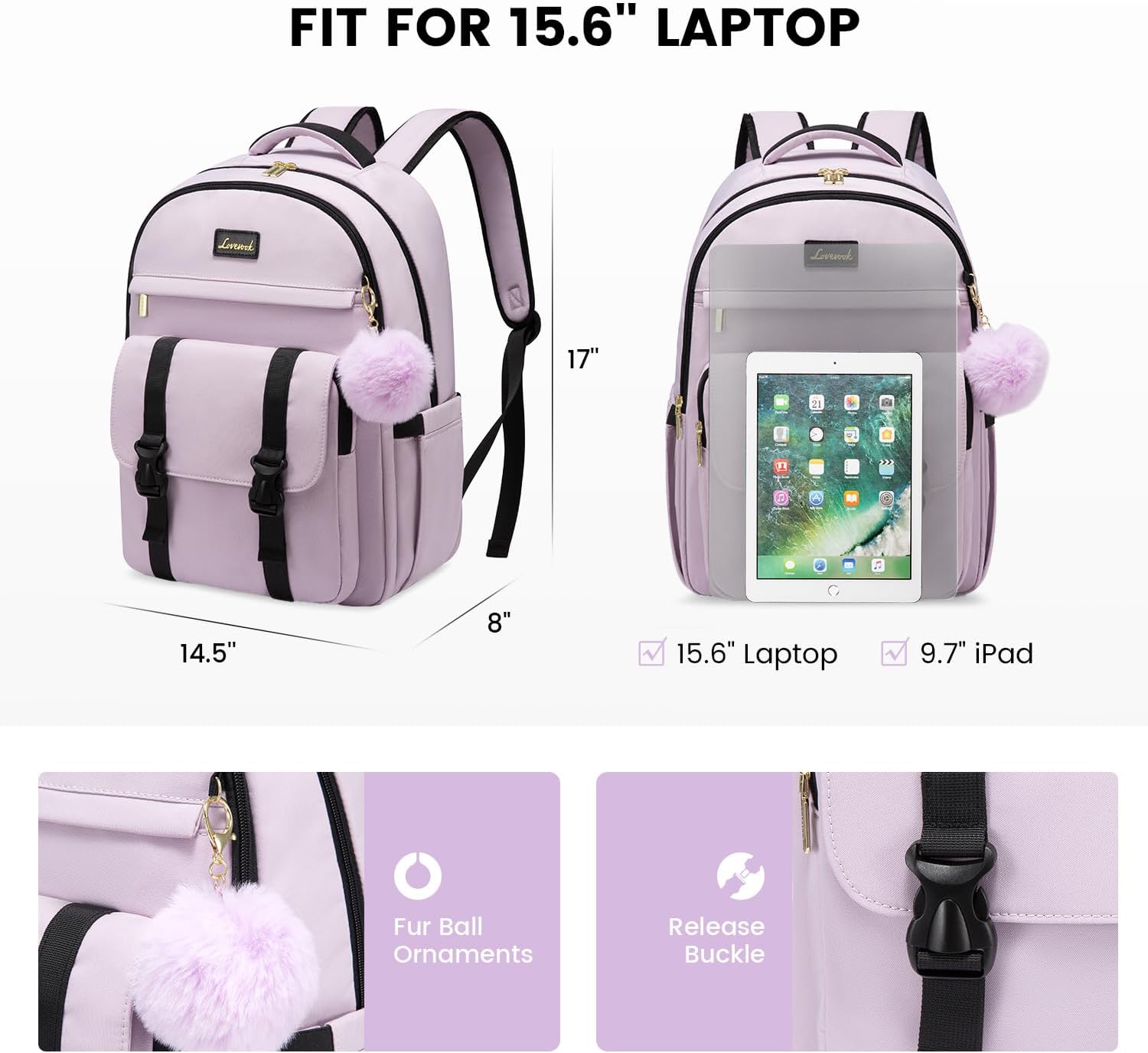 LOVEVOOK School Backpack for Teen Girls, Student Backpack Purse for 14-16 Teenage, Cute Kid Bookbag, Back to School Backpacks Fit 15.6 Inch Laptop, Large College Travel Bag, Light Purple - Image 4