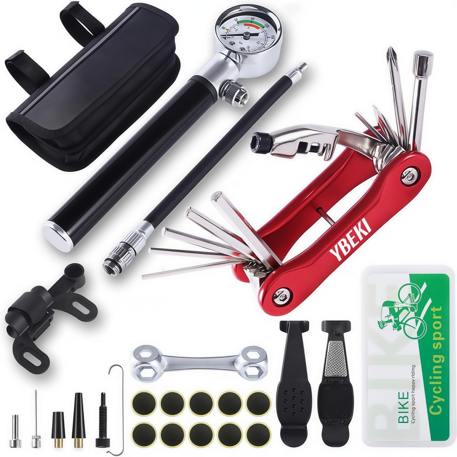 YBEKI Bicycle Repair Kit with 210 PSI Mini Pump & 10-in-1 Multitool - Includes Chain Rivet, Glueless Repair Kit, Tyre Lever & Bag - For Road Bike, Mountain Bike & BMX (Red)