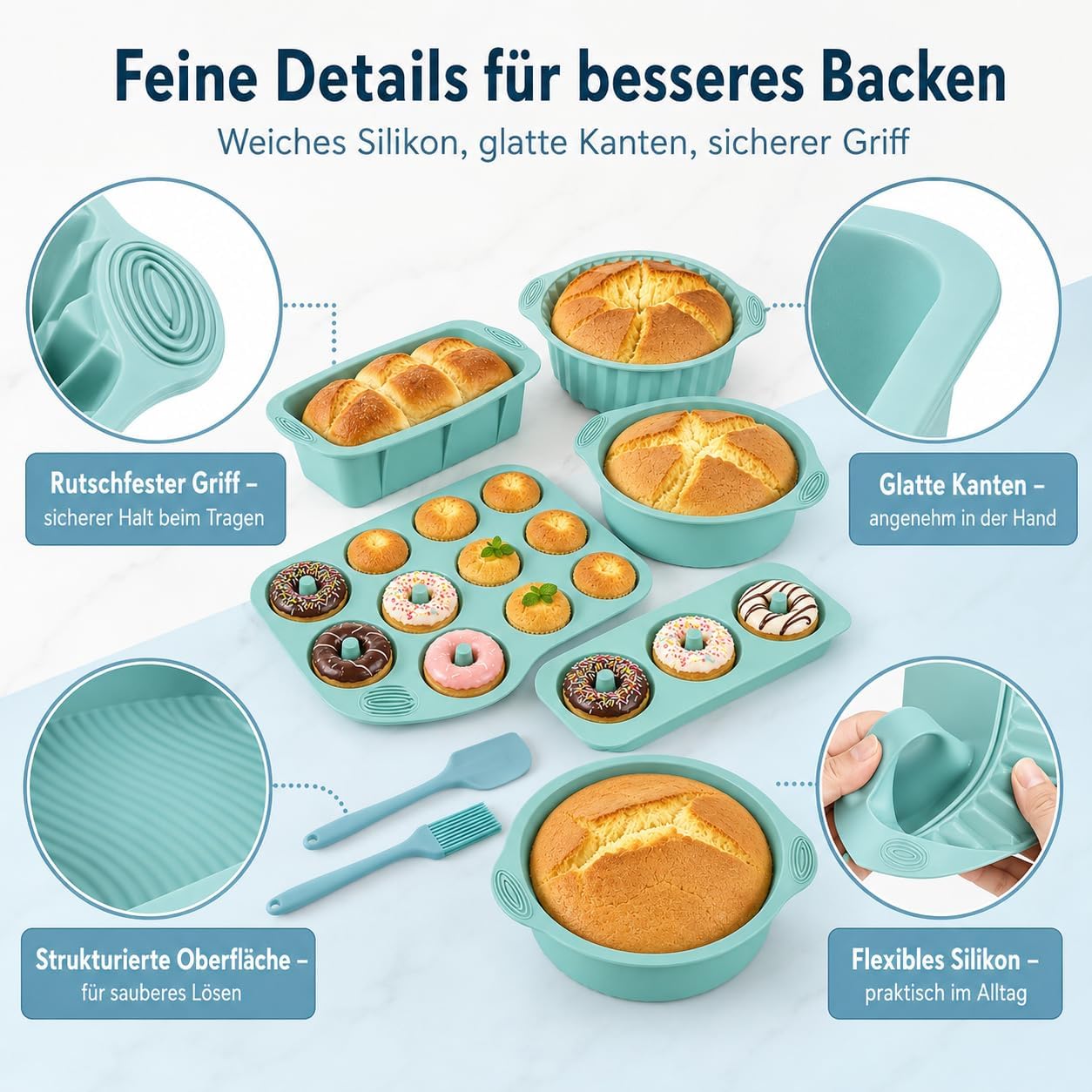 Juego de 8 moldes de silicona para hornear, molde para tartas, magdalenas, molde con espátula y pincel para hornear pan, tostadas, cupcakes, magdalenas (azul)