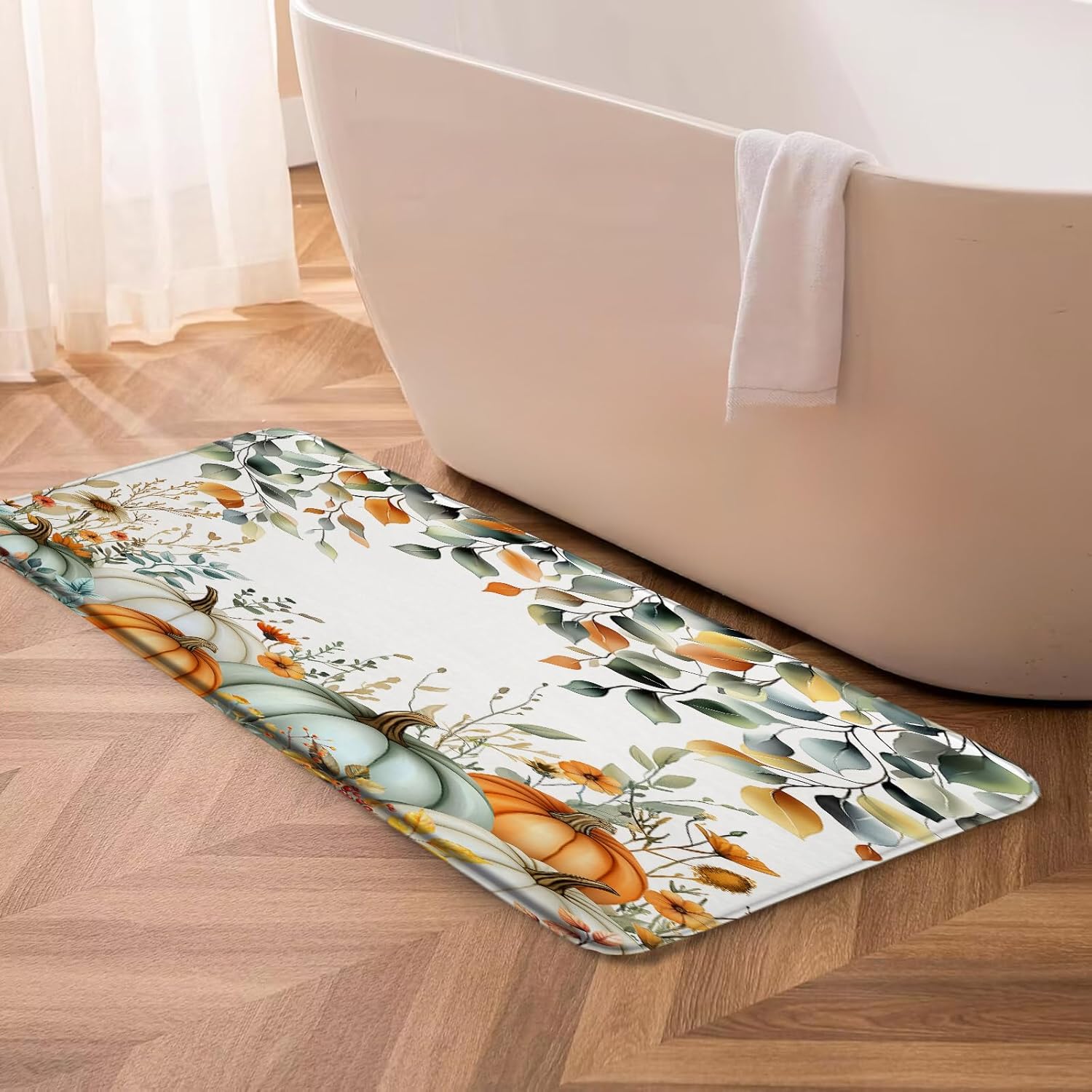 Fall Pumpkin Leaves Bath Mat Thanksgiving Pumpkins Watercolor Eucalyptus Leaf Autumn Harvest Floral 24"x60" Microfiber Memory Foam Bathroom Kitchen Toilet Floor Decor Mat