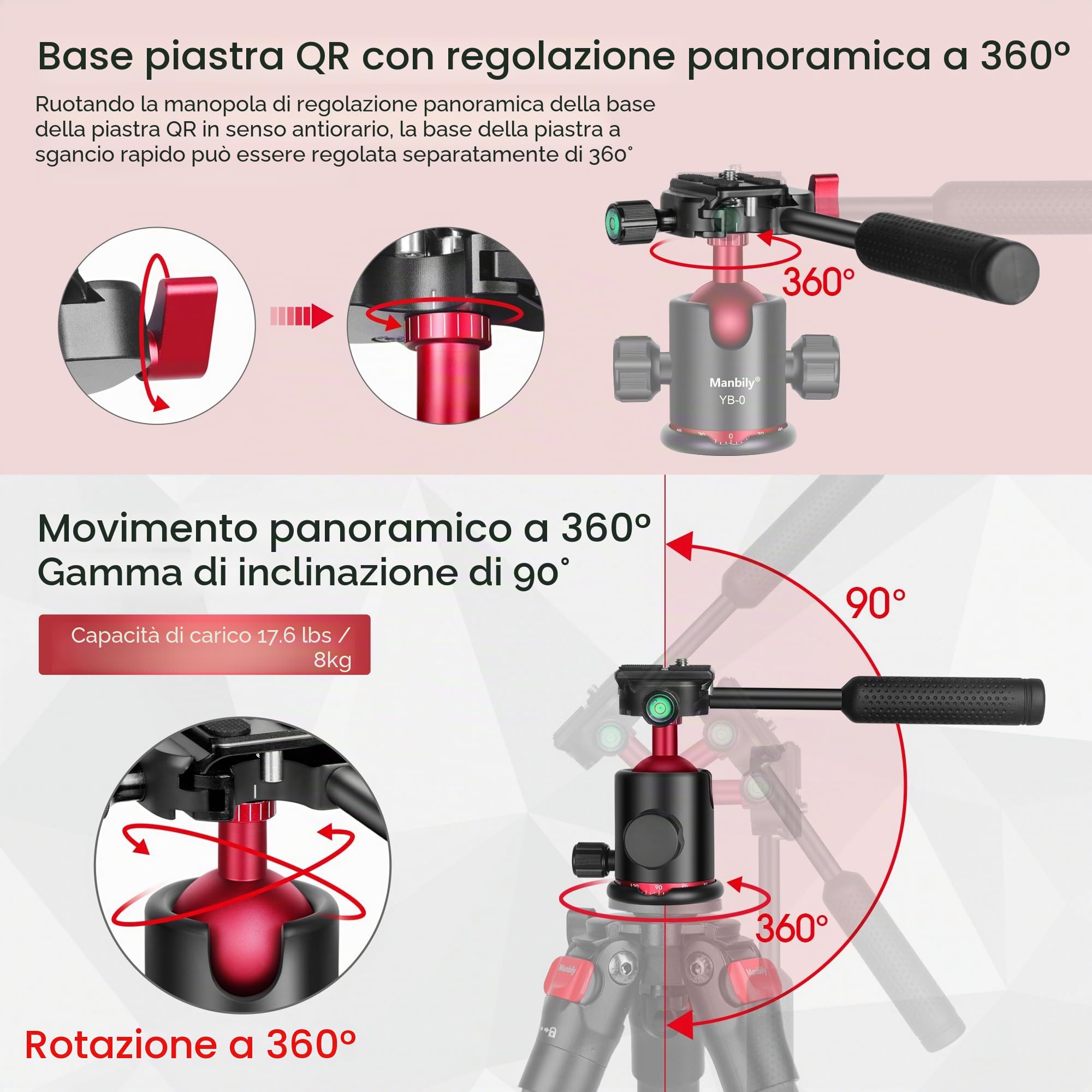 Manbily Testa a sfera con manico da 36 mm per treppiede monopiede, supporto a sfera in alluminio a 360 ° per fotografia panoramica Arca Swiss Piastra a sgancio rapido* 2, vite da 3/8" e 1/4" per