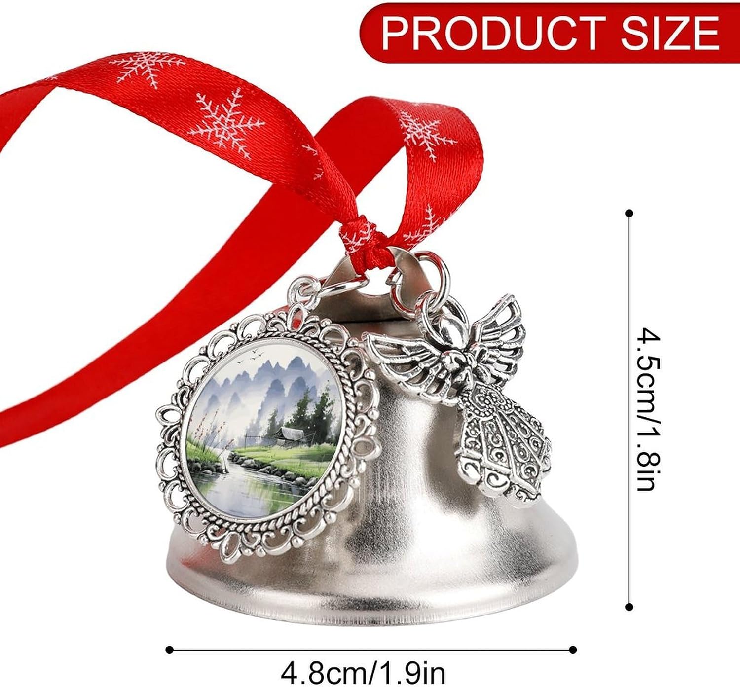 Landscape Painting Christmas Bells Ornaments with Wings & Heart Silver Bell Pendant for Christmas Tree Home Door Mantle Fireplace Decoration